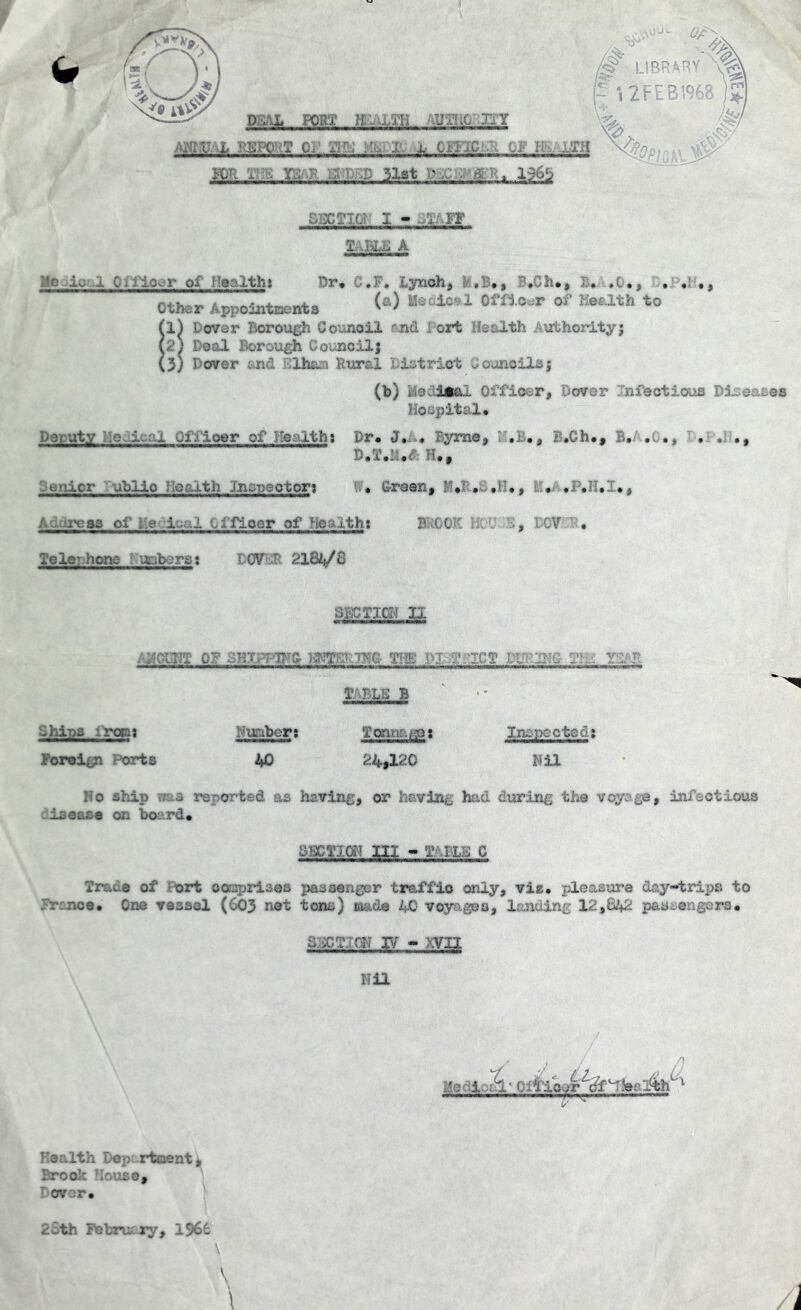 v PSAL PORT H-U.jL.gIi -Uf IIX I-T /aiLTM f-KPC T Oi I;1'; :!,■ !■'. !■ CIUC . , 1: X AlH ion. 1-. •, I.: v n31at ■>/ a;. ■' , 136b SSCglOV I - X IF TABLE A lie - io-.I C-Xio^r of Health* Dr, C.F, Lynch, M,B,, B.Ch,, . , , % . . ,, Other Appointments <«> 89410,1 om<Kr °f Kealth to (l) Dover Borough Counoil end Port Health Authority; (2 J Deal Borough Council; (3) Dover and Elham Rural District Councils; (b) Medltal Officer, Dover Infectious Diseases Hospital. Deputy /-> i-.-i Officer of Healths Dr, J.a. Byrne, 14,B,, B,Ch.# R,/ .0,, D,T.M,& H.f ..e'iicr ablio or ith Inspectors v;, G-raen, .11,, •. , ,P,H,I,, Across of l.e io:-l officer of Health: BROOK . DOVS . Telephone- : ushers: DOVER 21&/8 SECTION 11 /■MOUNT 0? SHTJPW laTO-^G- THE HI qviCT PL: 1Z:~ f .. I.. r T ILS B Chips : rom: Nuaber: Tannaisa: Foreign Ports 40 24,120 No ship -7U3 reported as having, or having had during the voyage, infectious isease on board, CiXTJOH m - Tells C Traue of Port comprises passenger traffic only, vis, pleasure day-trips to France. One vessel (603 not tons) made 40 voyages, landing 12,642 passengers, SaCT.TCN I¥ - XVII Nil > J Mediok.' 0itioar%f^rleal4h^ Inspected: Nil Health Department* Brook House, Dover, 25th Februriy, 1966 \ \ \ A
