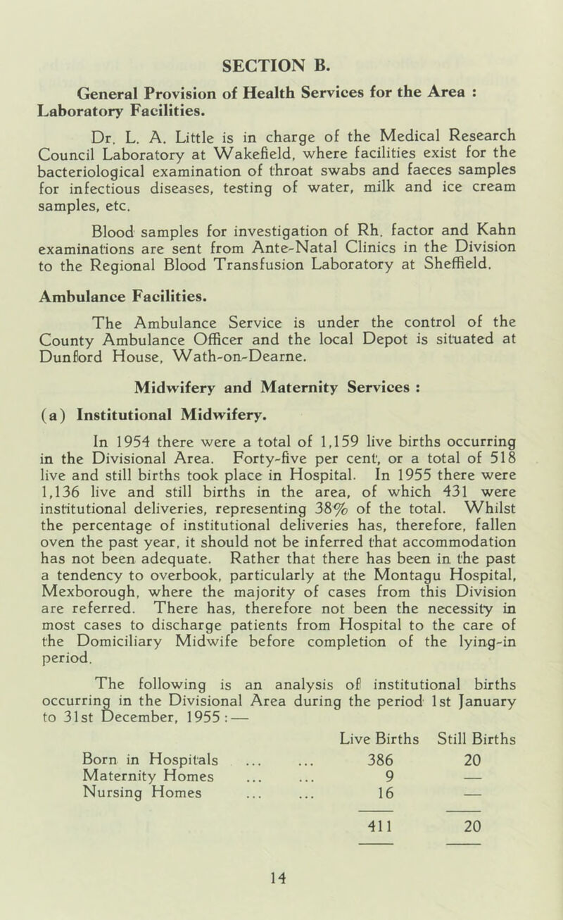 General Provision of Health Services for the Area : Laboratory Facilities. Dr. L. A. Little is in charge of the Medical Research Council Laboratory at Wakefield, where facilities exist for the bacteriological examination of throat swabs and faeces samples for infectious diseases, testing of water, milk and ice cream samples, etc. Blood samples for investigation of Rh. factor and Kahn examinations are sent from Ante-Natal Clinics in the Division to the Regional Blood Transfusion Laboratory at Sheffield. Ambulance Facilities. The Ambulance Service is under the control of the County Ambulance Officer and the local Depot is situated at Dunford House, Wath-on-Dearne. Midwifery and Maternity Services : (a) Institutional Midwifery. In 1954 there were a total of 1,159 live births occurring in the Divisional Area. Forty-five per cent, or a total of 518 live and still births took place in Hospital. In 1955 there were 1,136 live and still births in the area, of which 431 were institutional deliveries, representing 38% of the total. Whilst the percentage of institutional deliveries has, therefore, fallen oven the past year, it should not be inferred that accommodation has not been adequate. Rather that there has been in the past a tendency to overbook, particularly at the Montagu Hospital, Mexborough, where the majority of cases from this Division are referred. There has, therefore not been the necessity in most cases to discharge patients from Hospital to the care of the Domiciliary Midwife before completion of the lying-in period. The following is an analysis of institutional births occurring in the Divisional Area during the period 1st January to 31st December, 1955: — Live Births Still Births Born in Hospitals 386 20 Maternity Homes 9 — Nursing Homes 16 — 20 411