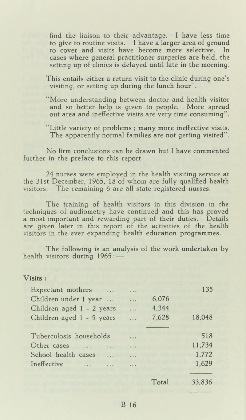 find the liaison to their advantage. I have less time to give to routine visits. I have a larger area of ground to cover and visits have become more selective. In cases where general practitioner surgeries are held, the setting up of clinics is delayed until late in the morning. This entails either a return visit to the clinic during one’s visiting, or setting up during the lunch hour”. “More understanding between doctor and health visitor and so better help is given to people. More spread out area and ineffective visits are very time consuming”. “Little variety of problems ; many more ineffective visits. The apparently normal families are not getting visited”. No firm conclusions can be drawn but I have commented further in the preface to this report. 24 nurses were employed in the health visiting service at the 31st December, 1965, 18 of whom are fully qualified health visitors. The remaining 6 are all state registered nurses. The training of health visitors in this division in the techniques of audiometry have continued and this has proved a most important and rewarding part of their duties. Details are given later in this report of the activities of the health visitors in the ever expanding health education programmes. The following is an analysis of the work undertaken by health visitors during 1965: — Visits : Expectant mothers Children under 1 year ... 6,076 135 Children aged 1 - 2 years 4,344 Children aged 1 - 5 years 7,628 18,048 Tuberculosis households 518 Other cases 11,734 School health cases 1,772 Ineffective 1,629 Total 33,836