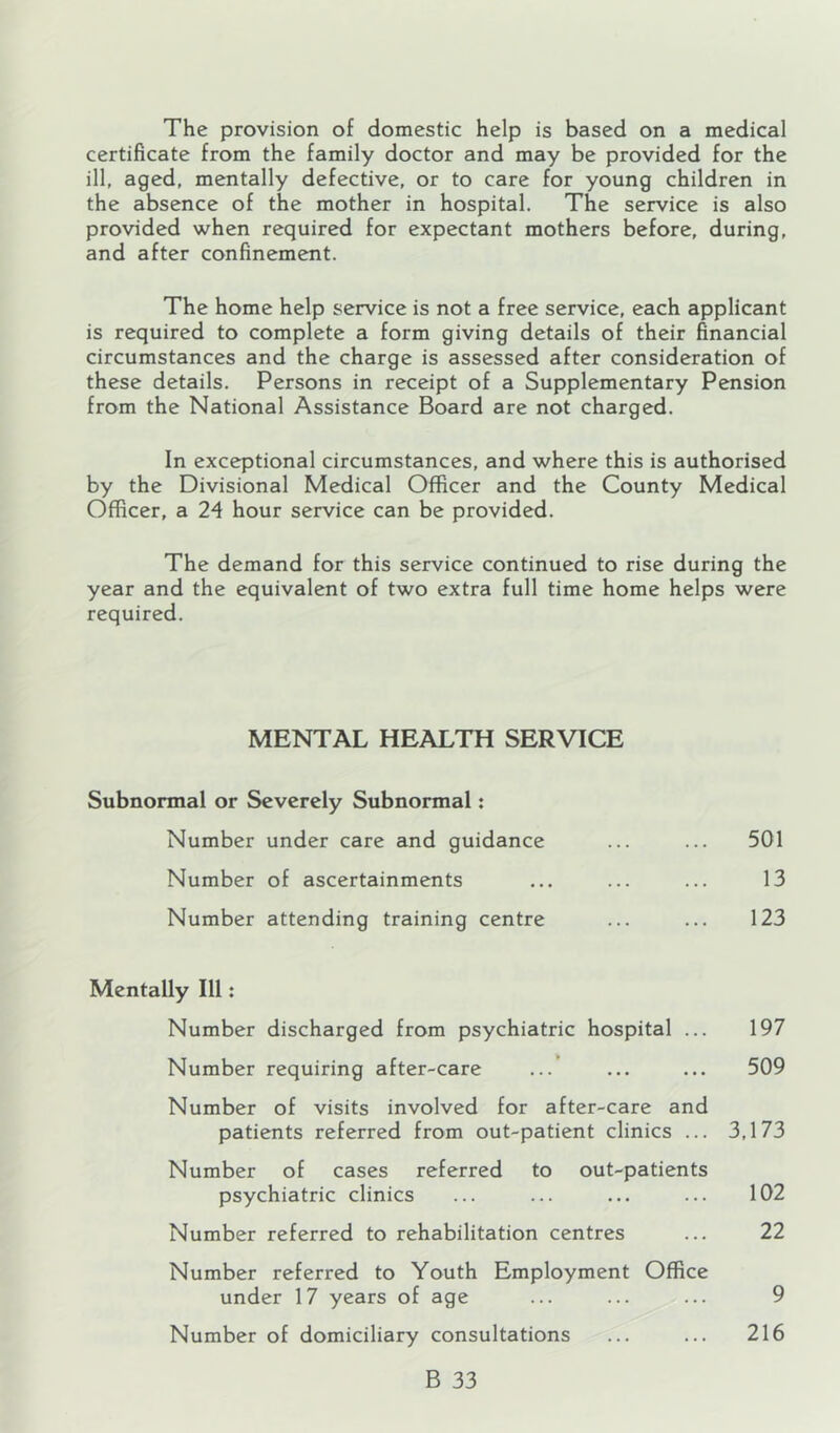 The provision of domestic help is based on a medical certificate from the family doctor and may be provided for the ill, aged, mentally defective, or to care for young children in the absence of the mother in hospital. The service is also provided when required for expectant mothers before, during, and after confinement. The home help service is not a free service, each applicant is required to complete a form giving details of their financial circumstances and the charge is assessed after consideration of these details. Persons in receipt of a Supplementary Pension from the National Assistance Board are not charged. In exceptional circumstances, and where this is authorised by the Divisional Medical Officer and the County Medical Officer, a 24 hour service can be provided. The demand for this service continued to rise during the year and the equivalent of two extra full time home helps were required. MENTAL HEALTH SERVICE Subnormal or Severely Subnormal: Number under care and guidance ... ... 501 Number of ascertainments ... ... ... 13 Number attending training centre ... ... 123 Mentally III: Number discharged from psychiatric hospital ... 197 Number requiring after-care ...* ... ... 509 Number of visits involved for after-care and patients referred from out-patient clinics ... 3,173 Number of cases referred to out-patients psychiatric clinics ... ... ... ... 102 Number referred to rehabilitation centres ... 22 Number referred to Youth Employment Office under 17 years of age ... ... ... 9 Number of domiciliary consultations ... ... 216