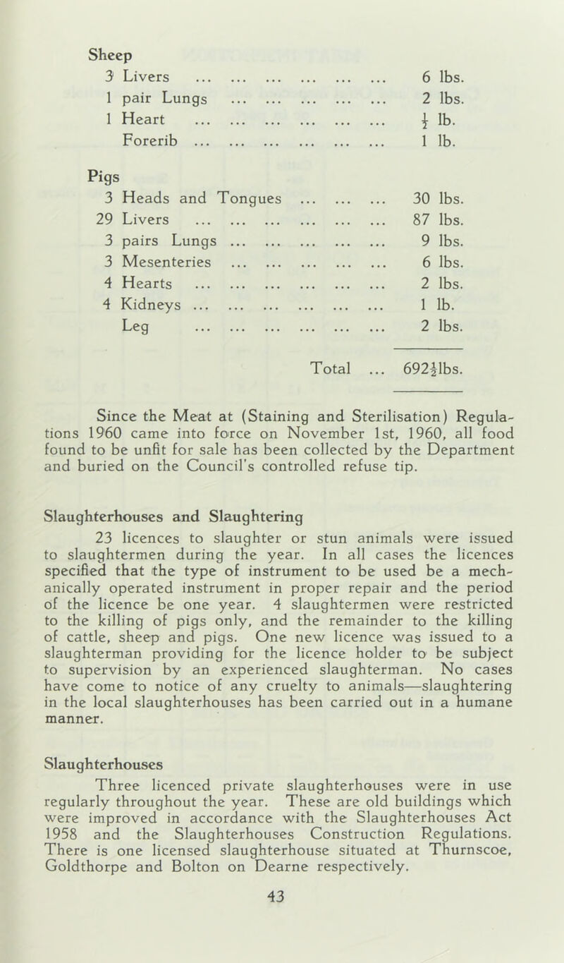 Sheep 3 Livers 1 pair Lungs 1 Heart Forerib ... 6 lbs. 2 lbs. 1 lb. 1 lb. Pigs 3 Heads and Tongues 29 Livers 3 pairs Lungs 3 Mesenteries 4 Hearts 4 Kidneys Leg 30 lbs. 87 lbs. 9 lbs. 6 lbs. 2 lbs. 1 lb. 2 lbs. Total ... 692-2-lbs. Since the Meat at (Staining and Sterilisation) Regula- tions 1960 came into force on November 1st, 1960, all food found to be unfit for sale has been collected by the Department and buried on the Council’s controlled refuse tip. Slaughterhouses and Slaughtering 23 licences to slaughter or stun animals were issued to slaughtermen during the year. In all cases the licences specified that the type of instrument to be used be a mech- anically operated instrument in proper repair and the period of the licence be one year. 4 slaughtermen were restricted to the killing of pigs only, and the remainder to the killing of cattle, sheep and pigs. One new licence was issued to a slaughterman providing for the licence holder to be subject to supervision by an experienced slaughterman. No cases have come to notice of any cruelty to animals—slaughtering in the local slaughterhouses has been carried out in a humane manner. Slaughterhouses Three licenced private slaughterhouses were in use regularly throughout the year. These are old buildings which were improved in accordance with the Slaughterhouses Act 1958 and the Slaughterhouses Construction Regulations. There is one licensed slaughterhouse situated at Thurnscoo, Goldthorpe and Bolton on Dearne respectively.