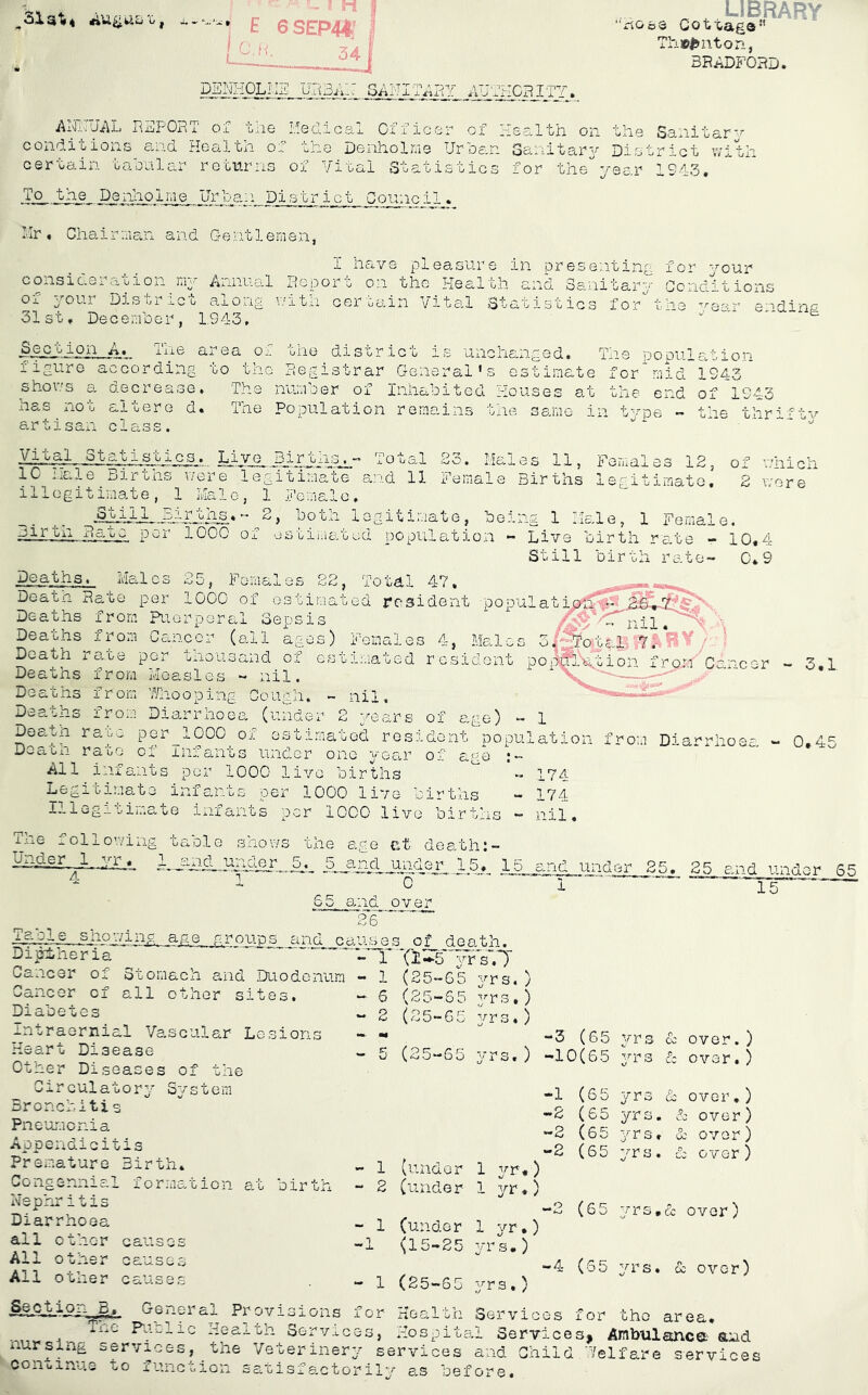 , ^ ^ LIBRARY 'rtoos Cottage” Tl:i»t>nton, BRADFORD. DENHQLIIE U..(3A:: AElEJAL REPORT of the Ifedical Officer of ITsalth on the Sanitar^^ conditions and Health of the Denholms Ur can Sanitary District with certain tabular returns of Vital Statistics for theyear 1S43. ■TO-.jnj-e- D.G.nliolme Urban il • Hr, Chairma'n and Gentlemen, I have pleasure in presenting for -^^our consideration my Annual Report on the Health and Sanitary Conditions of your District along with certain Vital Statistics for^the '^e«r e-'dine 31st, December, 1.943, area of the district is unchanged. The population iigure according to the Registrar General’s estimate for*mid 1943 shov/s a decrease. The number of Inhabited Houses at the end of 1943 has nou aitere d. Tne Population remains the S8,mo in t3'p6 « the thriftv artisan class. ‘ Total 23. Males 11, Females 12, of ’-.’hich 1C Male_Birt.hs were legitimate and 11 Female Births legitimate. 2 were lilogitima,te, 1 Male, 1 FemeJ-o, “ 2, both legitimate, being 1 Male, 1 Female, hirtil Rate per lOOC of estiiiatod population - Live birth rate - 10,4 Still birth rate- 0.9 Deaths. Males 25, Females .22, Totdl 47. Deatn Hate per 1000 of ostimatod rctsident populat Deaths from Puerporal Sepsis Deaths from Cancer (ail ages) Females 4, Males 5 Deatn ra,.te per thousand of estimated resident po Deaths from Measles - nil. Deaths from 7/hooping Gough. - nil. Deaths from Dia,rrhoea (under 2 ;/ears of age) - 1 Death rase per^lOOC of estimated resident population from Diarrhoea - 0, Deacn raeo oi infants under one year of age ;•» All infa-iits per 1000 live births « 174 Legitimate infants per 1000 live births - 174 Illegitimate infants per 1000 live births *- nil. The following table shows the age et death 15. 15 and under 25 ^ 1 'o' ’■ S5 amid over 26 Taole sj^wing age arid nf death. - i (i-5'~yr*s.y 1 (25“65 3^rs. 6 (25~65 ■^’■rs. ^tai. .7 4^^/; ^tion from Cancer ;.i 25 and under 6^ “* 15 ■ cT over. ) c: over, ) & over) lb over & over . leria Cancer of Stomach and Duodenum Cancer of all other sites. Diabetes intraernial Va.SGUlar Lesions Heart Disease Other Diseases of the Circulator^' S^/stem Bronchitis Pneumonia Appendicitis Premature Birth. Congennial formation at birth Nephritis Diarrhoea all other causes All other causes All other causes Se^otpLon^B. General Provision ine Pudic Health Services, P!ospita,l Services. Anbulanca' and nursing services, the Veterinery services and Child Uelfare services coiiuinue to function satisfactorily as before. 2 (25-65 3^r3,) •• m -3 (65 - 5 (25-65 yrs.) -10(65 -1 (65 -2 (65 -2 (65 -2 (65 - 1 (under 1 yif •) - 2 (under 1 yr.) (under (65 - 1 1 yr.) -1 (15-25 yrs.) (65 - 1 (25-65 yrs,) for Health Services f or “2 (65 yrs.tc over) (S5 3^rs. oc over)