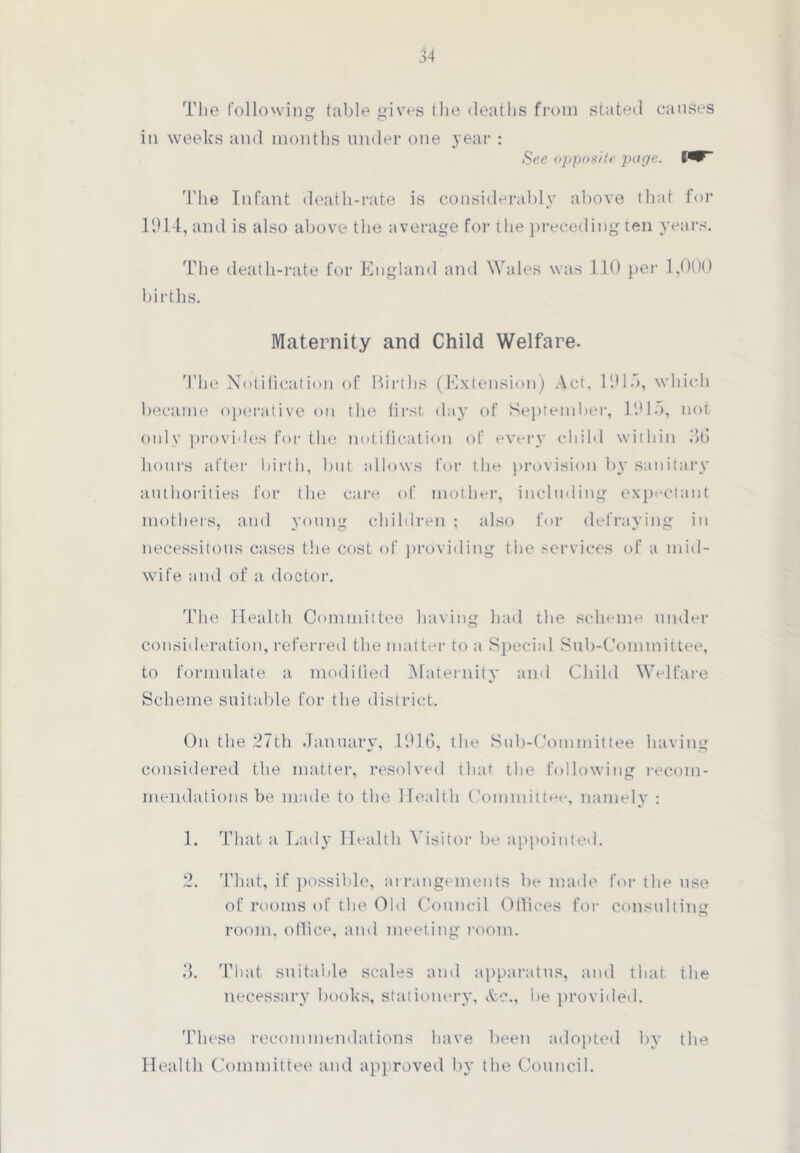 J4 The following table gives the deaths from stated causes in weeks and months under one year : See opposite pope. 1*^” The Infant death-rate is considerably above that for 1914, and is also above the average for the preceding ten years. The death-rate for England and Wales was 110 per 1,000 births. Maternity and Child Welfare. The Notification of Births (Extension) Act, 1915, which became operative on the lirst day of September, 1915, not only provides for the notilication of every child within 56 hours after birth, but allows for the provision by sanitary authorities for the care of mother, including expectant mothers, and young children ; also for defraying in necessitous cases the cost of providing the services of a mid- wife and of a doctor. The Health Committee having had the scheme under consideration, referred the matter to a Special Sub-Committee, to formulate a modified Maternity and Child Welfare Scheme suitable for the district. On the 27th January, 1916, the Sub-Committee having considered the matter, resolved that the following recom- mendations be made to the Health Committee, namely : 1. That a Lady Health Yisiior be appointed. 2. That, if possible, arrangements be made for the use of rooms of the Old Council Offices for consulting room, office, and meeting room. 3. That suitable scales and apparatus, and that the necessary books, stationery, &c., be provided. These recommendations have been adopted by the Health Committee and approved by the Council.