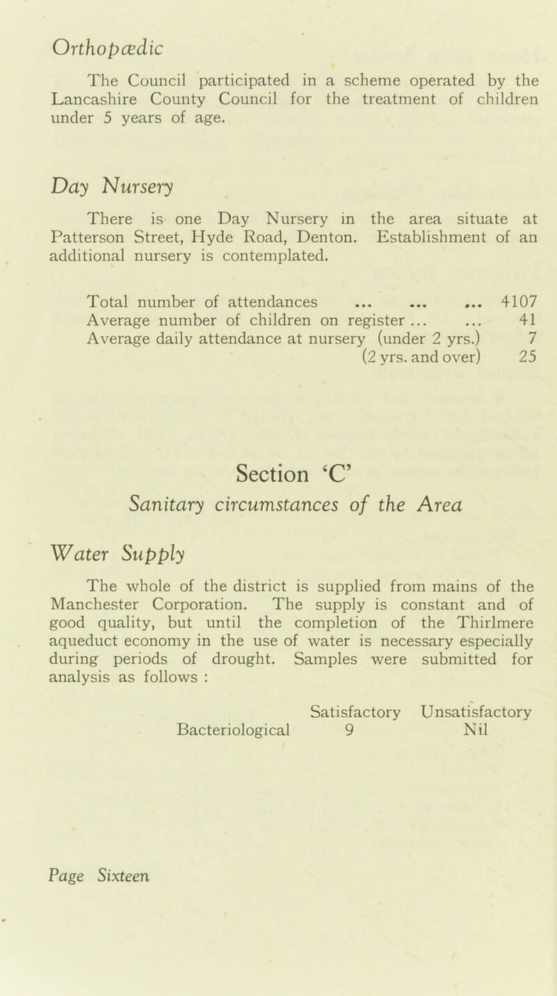 Orthopcedic The Council participated in a scheme operated by the Lancashire County Council for the treatment of children under 5 years of age. Day Nursery There is one Day Nursery in the area situate at Patterson Street, Hyde Road, Denton. Establishment of an additional nursery is contemplated. Total number of attendances ... ... ... 4107 Average number of children on register... ... 41 Average daily attendance at nursery (under 2 yrs.) 7 (2 yrs. and over) 25 Section ‘C’ Sanitary circumstances of the Area Water Supply The whole of the district is supplied from mains of the Manchester Corporation. The supply is constant and of good quality, but until the completion of the Thirlmere aqueduct economy in the use of water is necessary especially during periods of drought. Samples were submitted for analysis as follows : Satisfactory Unsatisfactory Bacteriological 9 Nil