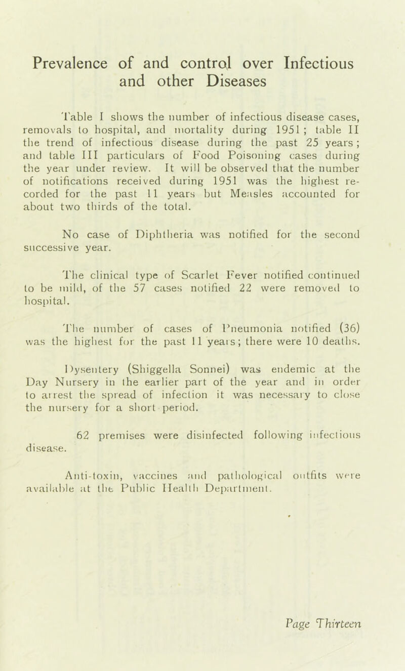 Prevalence of and control over Infectious and other Diseases 'I'able I shows tlie number of infectious disease cases, removals to hospital, and mortality during 1951 ; table II the trend of infectious disease during the past 25 years; and table III particulars of Food Poisoning cases during the year under review. It will be observed that the number of notifications received during 1951 was the highest re- corded for the past 11 years but Measles accounted for about two thirds of the total. No case of Diphtheria was notified for the second successive year. The clinical type of Scarlet Fever notified continued to be mihl, of the 57 cases notified 22 were removeil to hospital. 'I'he number of cases of Pneumonia notified (36) was the highest fim the past 11 yeais; there were 10 deaths. Dysentery (Shiggella Sonnei) was endemic at the Day Nursery in the earlier part of the year and in order to airest the spread of infection it was necessary to close the nursery for a short period. 62 premises were disinfected following infeclious disease. Anti-toxin, vaccines and pathological outfits were available at the Public Health Department.