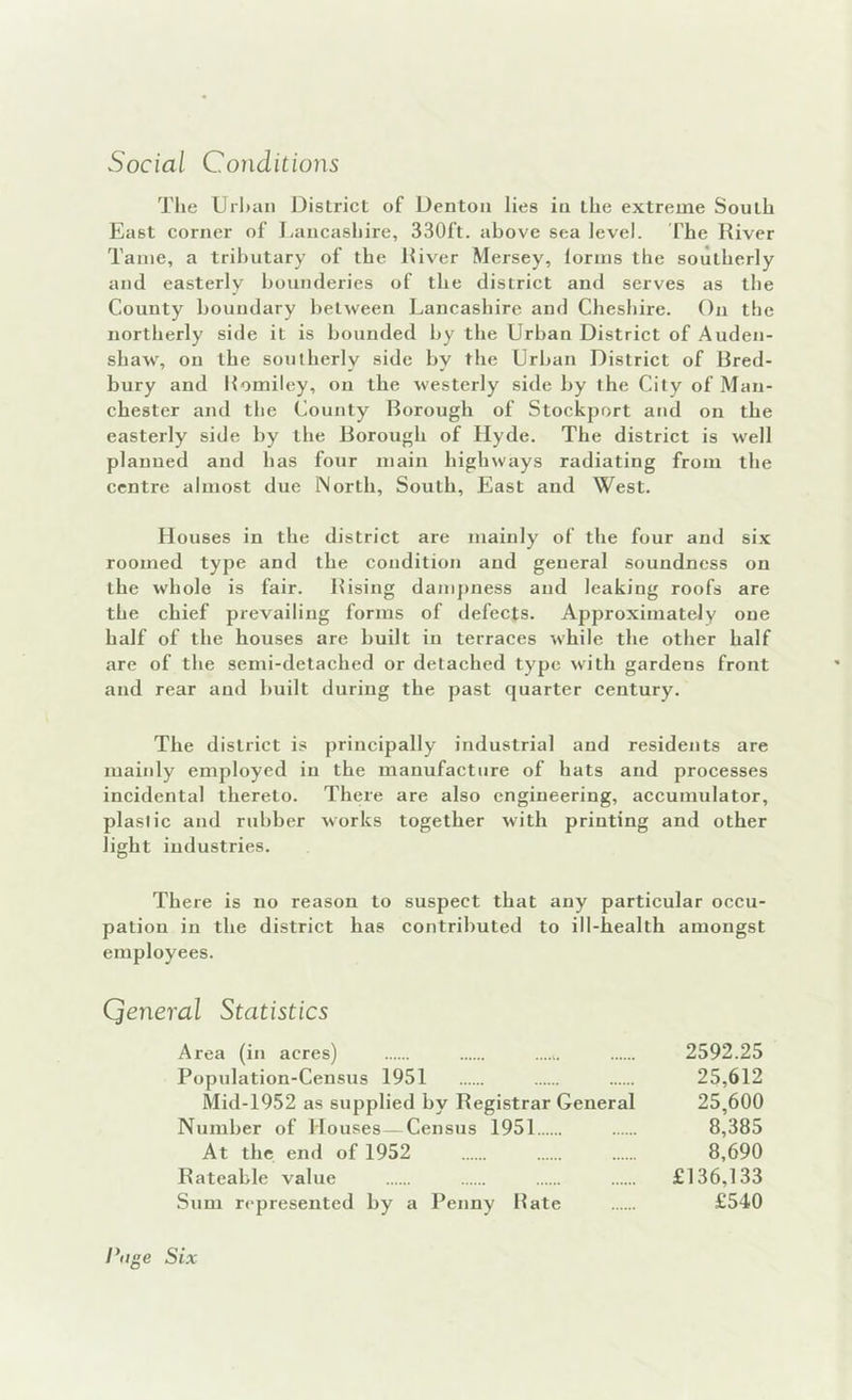 Social Conditions The Urban District of Denton lies in the extreme South East corner of Lancashire, 330ft. above sea level. The River Tame, a tributary of the River Mersey, lorms the southerly and easterly bounderies of the district and serves as the County boundary between Lancashire and Cheshire. On the northerly side it is bounded by the Urban District of Auden- shaw, on the southerly side by the Urban District of Bred- bury and Romiley, on the westerly side by the City of Man- chester and the County Borough of Stockport and on the easterly side by the Borough of Hyde. The district is well planned and has four main highways radiating from the centre almost due North, South, East and West. Houses in the district are mainly of the four and six roomed type and the condition and general soundness on the whole is fair. Rising dampness and leaking roofs are the chief prevailing forms of defects. Approximately one half of the houses are built in terraces while the other half are of the semi-detached or detached type with gardens front and rear and built during the past quarter century. The district is principally industrial and residents are mainly employed in the manufacture of hats and processes incidental thereto. There are also engineering, accumulator, plastic and rubber works together with printing and other light industries. There is no reason to suspect that any particular occu- pation in the district has contributed to ill-health amongst employees. Qeneral Statistics Area (in acres) ...... 2592.25 Population-Census 1951 25,612 Mid-1952 as supplied by Registrar General 25,600 Number of Houses—Census 1951 8,385 At the end of 1952 8,690 Rateable value £136,133 Sum represented by a Penny Rate £540