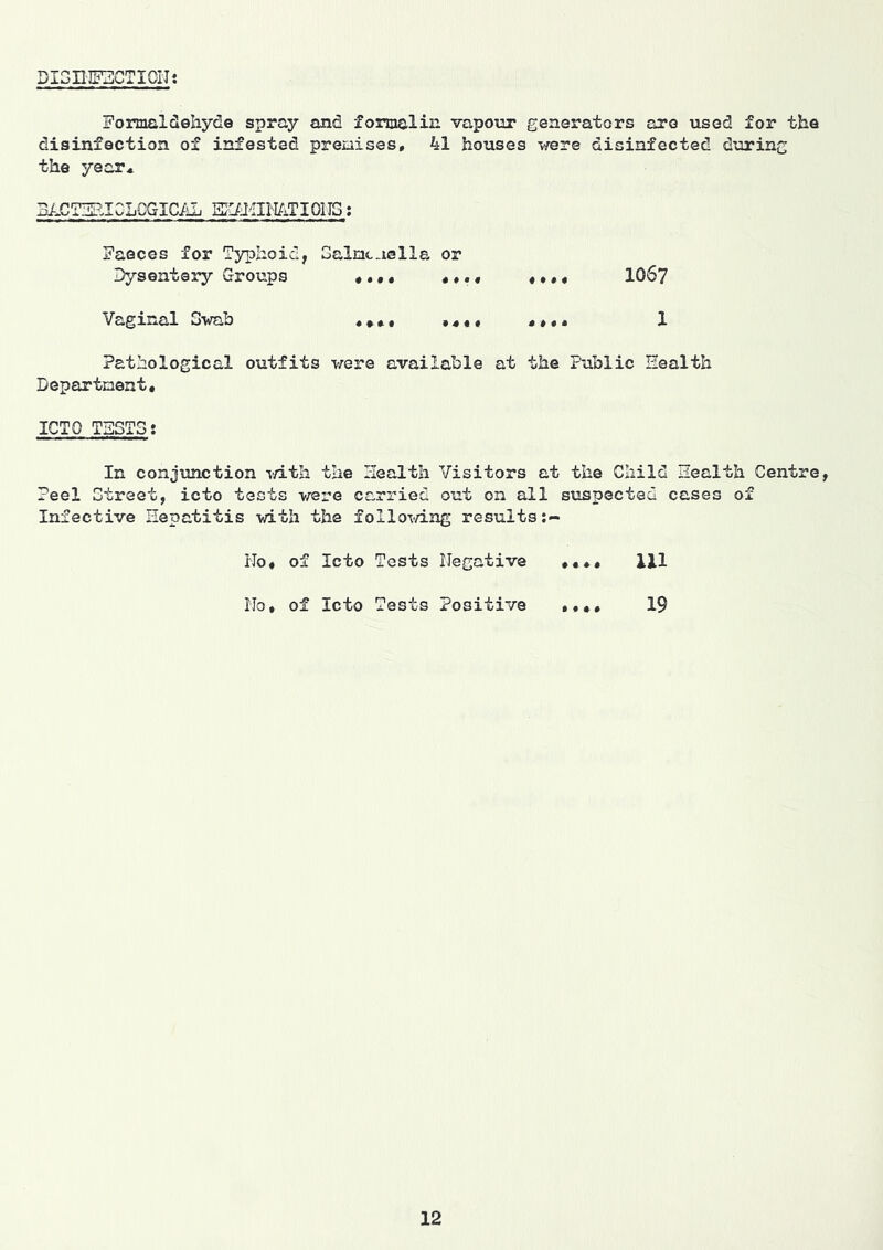 DIGng^CTIOIJt formaldehyde spray and formalin vapour generators are used for the disinfection of infested premises, 41 houses were disinfected during the year, 3/-CTdEI0LCGIC/iL Ei:/JiIMTIOITS; faeces for Typhoid, Galmc.ielle or Dysentery Groups ,,,, 106? Vaginal Gwah ,,,, 1 Pathological outfits were available at the Public Health Department, ICTO THGTG: In conjunction mth the Health Visitors at the Child Health Centre, Peel Gtreet, icto tests \revG carried out on all suspected cases of Infective Hepatitis with the folloTn.ng results Ho, of Icto Tests Negative ,,,, 111 No, of Icto Tests Positive ,,,, 19