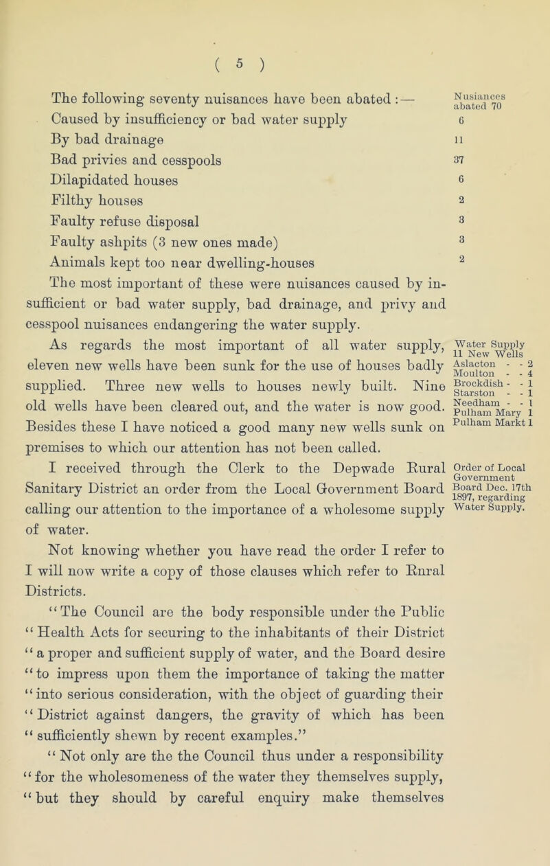 The following seventy nuisances have been abated : — Caused by insufficiency or bad water supply By bad drainage Bad privies and cesspools Dilapidated houses Filthy houses Faulty refuse disposal Faulty ashpits (3 new ones made) Animals kept too near dwelling-houses The most important of these were nuisances caused by in- sufficient or bad water supply, bad drainage, and privy and cesspool nuisances endangering the water supply. As regards the most important of all water supply, eleven new wells have been sunk for the use of houses badly supplied. Three new wells to houses newly built. Nine old wells have been cleared out, and the water is now good. Besides these I have noticed a good many new wells sunk on premises to which our attention has not been called. I received through the Clerk to the Depwade Rural Sanitary District an order from the Local Government Board calling our attention to the importance of a wholesome supply of water. Not knowing whether you have read the order I refer to I will now write a copy of those clauses which refer to Rural Districts. “The Council are the body responsible under the Public “ Health Acts for securing to the inhabitants of their District “ a proper and sufficient supply of water, and the Board desire “to impress upon them the importance of taking the matter “into serious consideration, with the object of guarding their ‘ ‘ District against dangers, the gravity of which has been “ sufficiently shewn by recent examples.” “Not only are the the Council thus under a responsibility “for the wholesomeness of the water they themselves supply, “ but they should by careful enquiry make themselves N usiances abated 70 6 11 37 6 2 3 3 2 Water Supply 11 New Wells Aslacton - - 2 Moulton - - 4 Brockdish - - 1 Starston - - 1 Needham - - 1 Pulham Mary 1 Pulliam Markt 1 Order of Local Government Board Dec. 17th 1897, regarding Water Supply.