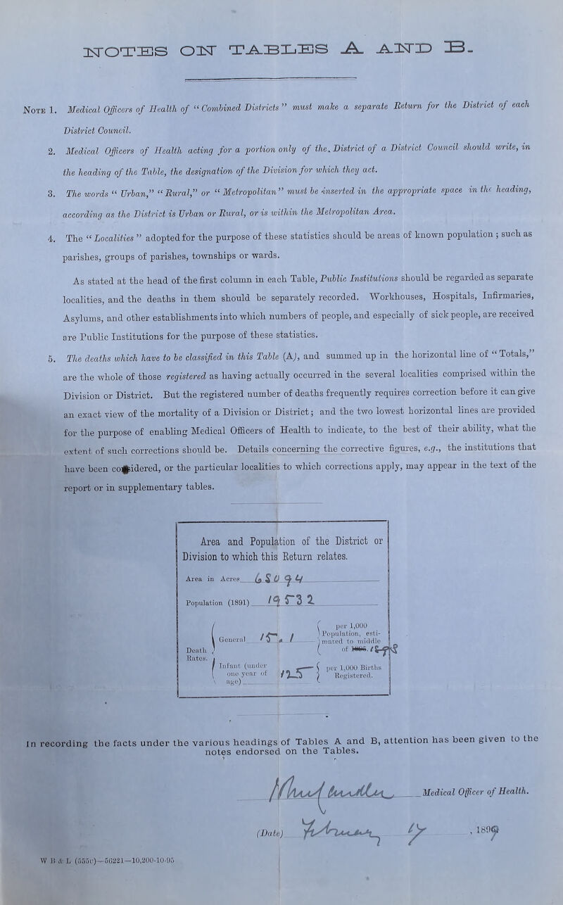 IsTOTIES OIST T-A-IBXjIEjS Jl. J^ISTID IB- Note 1. Medical Officers of Health of “Combined Districts ” must make a separate Return for the District of each District Council. 2. Medical Officers of Health acting for a portion only of the. District of a District Council should write, in the heading of the Table, the designation of the Division for which they act. 3. The words “ Urban,” “Rural,” or “ Metropolitan” must be inserted in the appropriate space in the heading, according as the District is Urban or Rural, or is within the Metropolitan Area. 4. The “ Localities ” adopted for the purpose of these statistics should he areas of known population ; such as parishes, groups of parishes, townships or wards. As stated at the head of the first column in each Table, Public Institutions should be regarded as separate localities, and the deaths in them should be separately recorded. Workhouses, Hospitals, Infirmaries, Asylums, and other establishments into which numbers of people, and especially of sick people, are received are Public Institutions for the purpose of these statistics. 5. The deaths which have to be classified in this Table {A), and summed up in the horizontal line of “ Totals,” are the whole of those registered as having actually occurred in the several localities comprised within the Division or District. But the registered number of deaths frequently requires correction before it can give an exact view of the mortality of a Division or District; and the two lowest horizontal lines are provided for the purpose of enabling Medical Officers of Health to indicate, to the best of their ability, what the extent of such corrections should he. Details concerning the corrective figures, e.g., the institutions that have been co^idered, or the particular localities to which corrections apply, may appear in the text of the report or in supplementary tables. Area and Population of the District or Division to which this Eeturn relates. Area in Acreg S 0 ^ tV Population (1891) _ _iS riA Area in Acres. In recording the facts under the various headings of Tables A and B, attention has been given lo the notes endorsed on the Tables, J{1aaas^6vis\JLLm. Medical Officer of Health. . 189' W li & h (555u)—50221—10,200-10-95