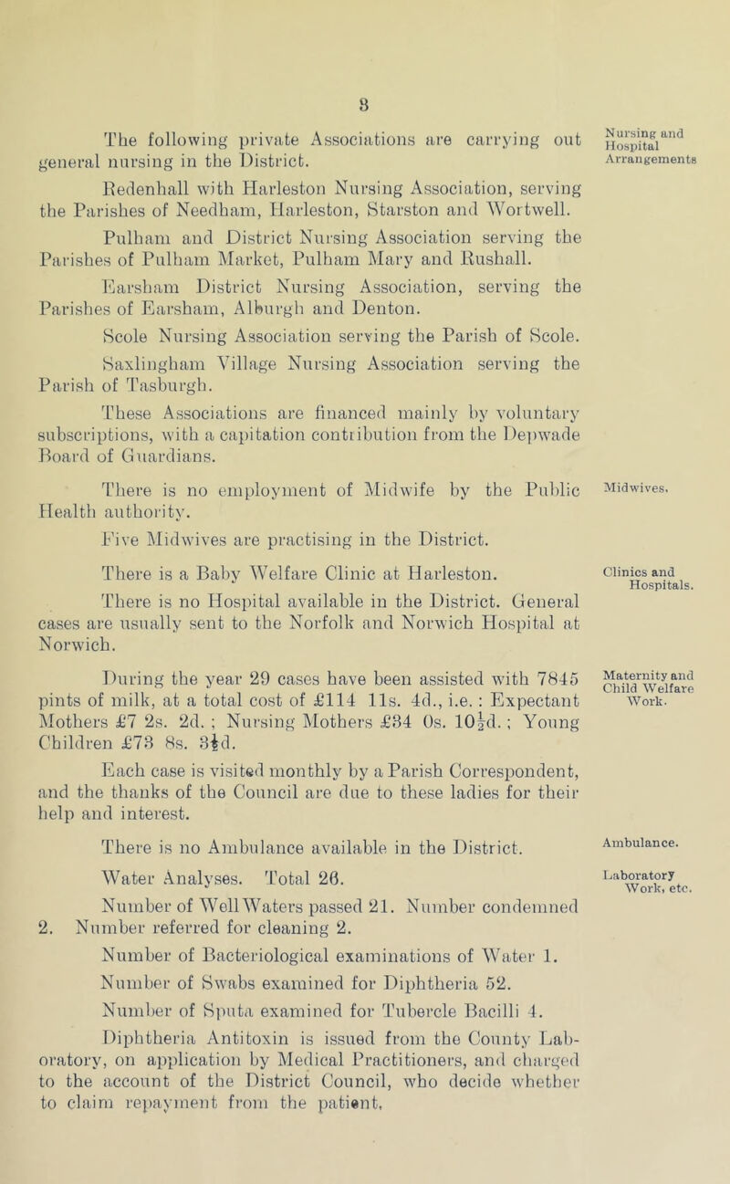 8 The following private Associations are carrying out general nursing in the District. Redenhall with Harleston Nursing Association, serving the Parishes of Needham, Harleston, Starston and Wortwell. Pulham and District Nursing Association serving the Parishes of Pulham Market, Pulham Mary and Rushall. Earsham District Nursing Association, serving the Parishes of Earsham, Alburgh and Denton. Scole Nursing Association serving the Parish of Scole. Saxlingham Village Nursing Association serving the Parish of Tasburgh. These Associations are financed mainly by voluntary subscriptions, with a capitation contiibution from the Depwade Board of Guardians. There is no employment of Midwife by the Public Health authority. Five Midwives are practising in the District. There is a Baby Welfare Clinic at Harleston. There is no Hospital available in the District. General cases are usually sent to the Norfolk and Norwich Hospital at Norwich. During the year 29 cases have been assisted with 7845 pints of milk, at a total cost of £114 11s. 4d., i.e. : Expectant Mothers £7 2s. 2d. ; Nursing Mothers £84 Os. 10|d. ; Young Children £78 8s. 8£d. Each case is visited monthly by a Parish Correspondent, and the thanks of the Council are due to these ladies for their help and interest. There is no Ambulance available in the District. Water Analyses. Total 26. Number of WellWaters passed 21. Number condemned 2. Number referred for cleaning 2. Number of Bacteriological examinations of Water 1. Number of Swabs examined for Diphtheria 52. Number of Sputa examined for Tubercle Bacilli 4. Diphtheria Antitoxin is issued from the County Lab- oratory, on application by Medical Practitioners, and charged to the account of the District Council, who decide whether to claim repayment from the patient, Nursing and Hospital Arrangements Midwives. Clinics and Hospitals. Maternity and Child Welfare Work. Ambulance. Laboratory Work, etc.