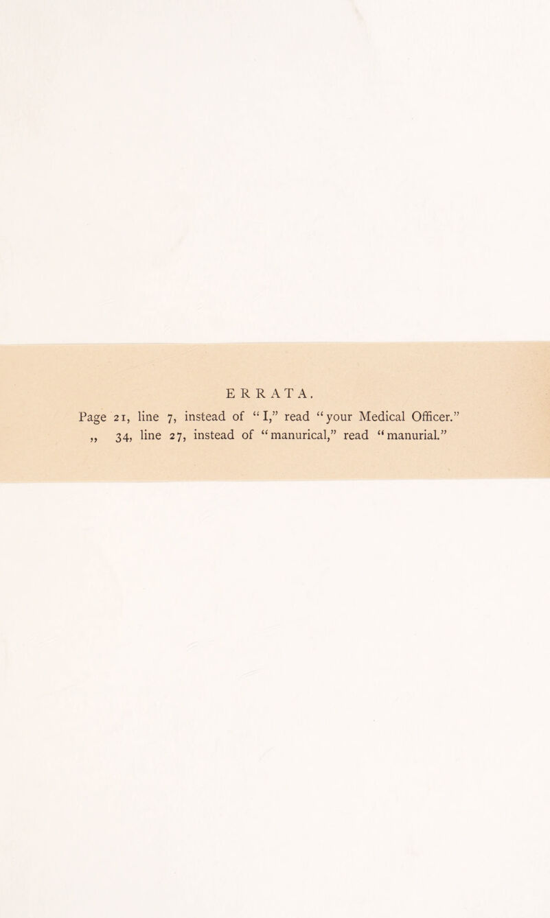 ERRATA. Page 21, line 7, instead of “I,” read “your Medical Officer.” „ 34, line 27, instead of “manurical,” read “manurial.”