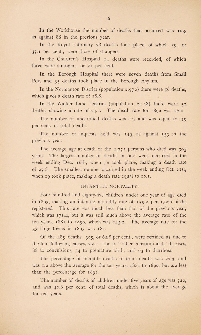 In the Workhouse the number of deaths that occurred was 103, as against 86 in the previous year. In the Royal Infirmary 78 deaths took place, of which 29, or 37.1 per cent., were those of strangers. In the Children’s Hospital 14 deaths were recorded, of which three were strangers, or 21 per cent. In the Borough Hospital there were seven deaths from Small Pox, and 35 deaths took place in the Borough Asylum. In the Normanton District (population 2,970) there were 56 deaths, which gives a death rate of 18.8. In the Walker Lane District (population 2,148) there were 52 deaths, showing a rate of 24.1. The death rate for 1892 was 27.0. The number of uncertified deaths was 14, and was equal to .79 per cent, of total deaths. The number of inquests held was 149, as against 153 in the previous year. The average age at death of the 1,772 persons who died was 30\ years. The largest number of deaths in one week occurred in the week ending Dec. 16th, when 52 took place, making a death rate of 27.8. The smallest number occurred in the week ending Oct. 21st, when 19 took place, making a death rate equal to 10.1. INFANTILE MORTALITY. Four hundred and eighty-five children under one year of age died in 1893, making an infantile mortality rate of 155.2 per 1,000 births registered. This rate was much less than that of the previous year, which was 171.4, but it was still much above the average rate of the ten years, 1881 to 1890, which was 143.2. The average rate for the 33 large towns in 1893 was 181. Of the 485 deaths, 305, or 62.8 per cent., were certified as due to the four following causes, viz. :—100 to “other constitutional” diseases, 88 to convulsions, 54 to premature birth, and 63 to diarrhoea. The percentage of infantile deaths to total deaths was 27.3, and was 1.2 above the average for the ten years, 1881 to 1890, but 2.2 less than the percentage for 1892. The number of deaths of children under five years of age was 720, and was 40.6 per cent, of total deaths, which is about the average for ten years.