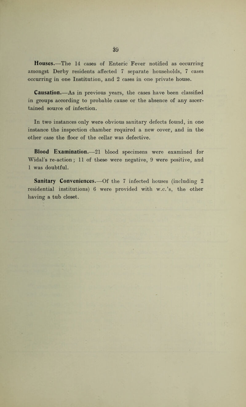 Houses.—The 14 cases of Enteric Fever notified as occurring amongst Derby residents affected 7 separate households, 7 cases occurring in one Institution, and 2 cases in one private house. Causation.—As in previous years, the cases have been classified in groups according to probable cause or the absence of any ascer- tained source of infection. In two instances only were obvious sanitary defects found, in one instance the inspection chamber required a new cover, and in the other case the floor of the cellar was defective. Blood Examination.—21 blood specimens were examined for Widal’s re-action; 11 of these were negative, 9 were positive, and 1 was doubtful. Sanitary Conveniences.—Of the 7 infected houses (including 2 residential institutions) 6 were provided with w.c.’s, the other having a tub closet.