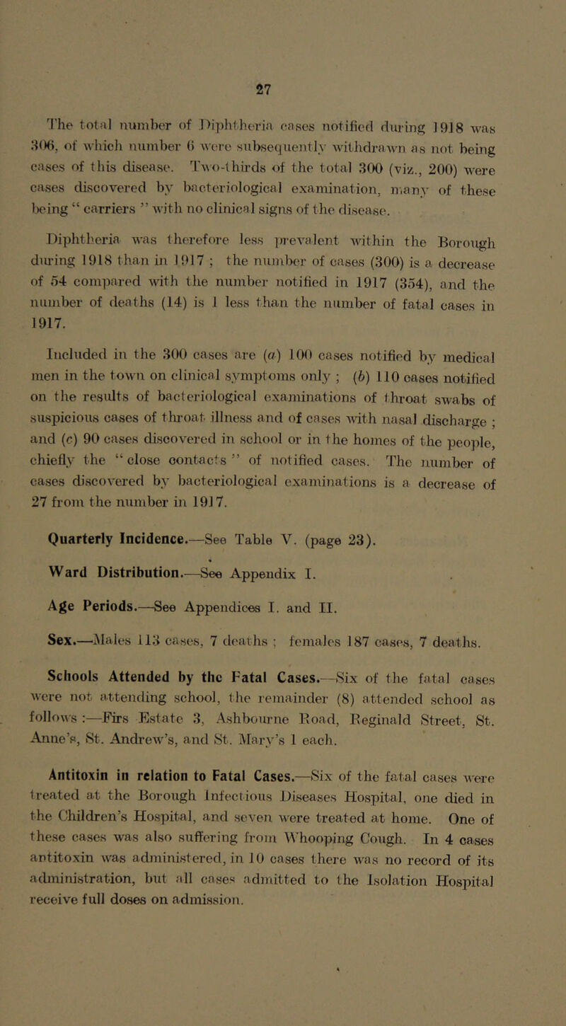 The total number of Diphtheria cases notified during 1918 was 306, of which number 6 were subsequently withdrawn as not being cases of this disease. Two-thirds of the total 300 (viz., 200) were cases discovered by bacteriological examination, many of these being “ carriers ” with no clinical signs of the disease. Diphtheria was therefore less prevalent within the Borough during 1918 than in 1917 ; the number of cases (300) is a decrease of 54 compared with the number notified in 1917 (354), and the number of deaths (14) is 1 less than the number of fatal cases in 1917. Included in the 300 cases are (a) 100 cases notified by medical men in the town on clinical symptoms only ; (b) 110 cases notified on the results of bacteriological examinations of throat swabs of suspicious cases of throat illness and of cases with nasal discharge • and (c) 90 cases discovered in school or in the homes of the people, chiefly the “close contacts” of notified cases. The number of cases discovered by bacteriological examinations is a decrease of 27 from the number in 1917. Quarterly Incidence.—See Table V. (page 23). Ward Distribution.—See Appendix I. Age Periods.—See Appendices I. and II. Sex.—Males 113 cases, 7 deaths ; females 187 cases, 7 deaths. Schools Attended by the Fatal Cases.—Six of the fatal cases were not attending school, t he remainder (8) attended school as follows :—Firs Estate 3, Ashbourne Road, Reginald Street, St. Anne’s, St. Andrew’s, and St. Mary’s l each. Antitoxin in relation to Fatal Cases.—Six of the fatal cases were treated at the Borough Infectious Diseases Hospital, one died in the Children’s Hospital, and seven were treated at home. One of these cases was also suffering from Whooping Cough. In 4 cases antitoxin was administered, in 10 cases there was no record of its administration, but all cases admitted to the Isolation Hospital receive full doses on admission.