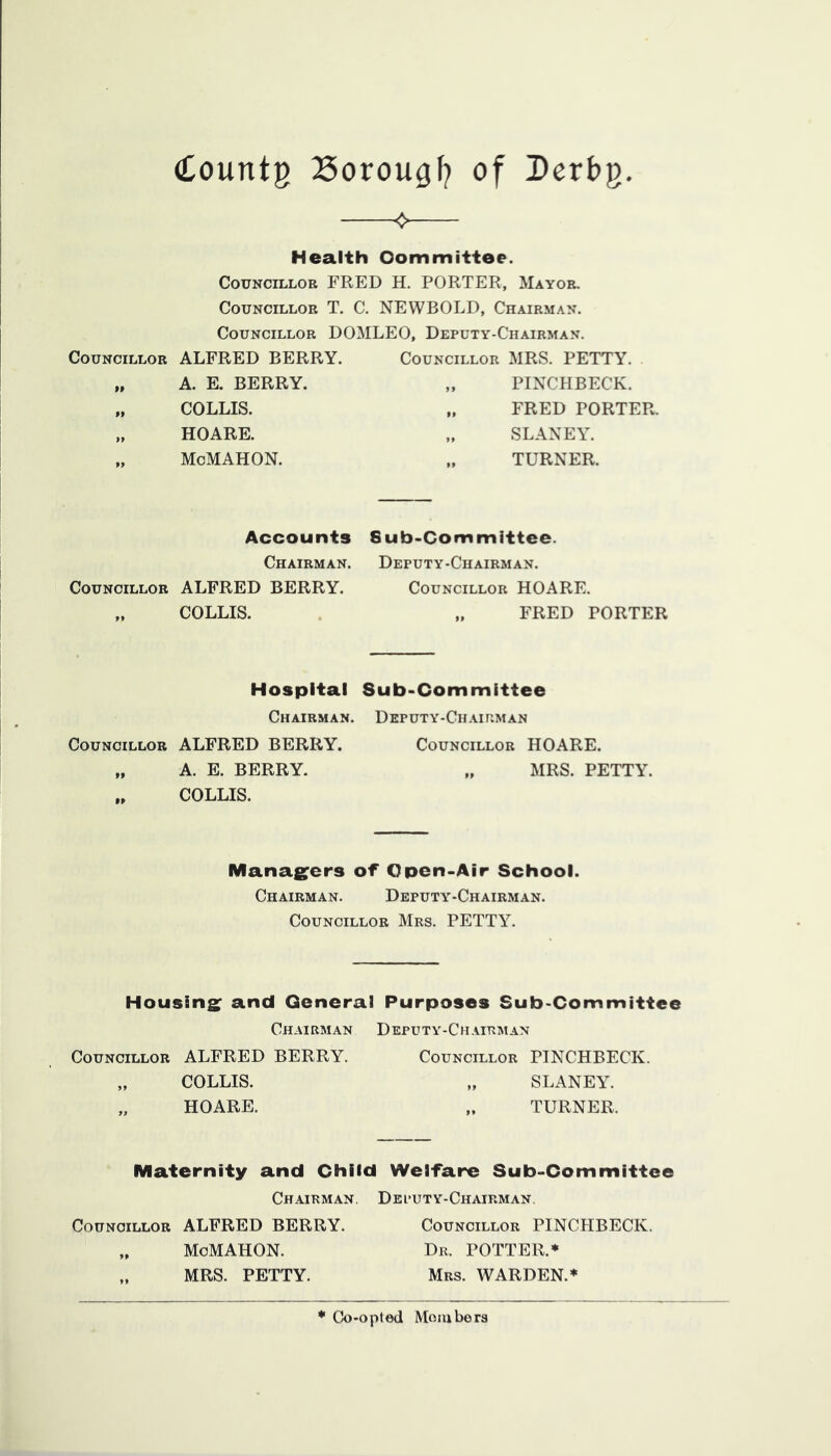 —❖— Health Oommittee. Councillor FRED H. PORTER, Mayor. Councillor T. C. NEWBOLD, Chairman. Councillor DOMLEO. Deputy-Chairman. Councillor ALFRED BERRY. „ A. E. BERRY. „ COLLIS. „ HOARE. „ McMAHON. Accounts Chairman. Councillor ALFRED BERRY. „ COLLIS. Hospital Chairman. Councillor ALFRED BERRY. „ A. E. BERRY. COLLIS. Councillor MRS. PETTY. „ PINCHBECK. „ FRED PORTER. „ SLANEY. „ TURNER. 8ub-Connmlttee. Deputy-Chairman. Councillor HOARE. „ FRED PORTER Sub-Committee DEPUTY-CH.Ur.MAN Councillor HOARE. „ MRS. PETTY. Managers of Open-Air School. Chairman. Deputy-Chairman. Councillor Mrs. PETTY. Housing and General Purposes Sub-Committee Chairman Deputy-Ch.airman Councillor ALFRED BERRY. Councillor PINCHBECK. „ COLLIS. „ SLANEY. „ HOARE. „ TURNER. Maternity and Child Welfare Sub-Committee Chairman, Dei-uty-Chairman. Councillor ALFRED BERRY. Councillor PINCHBECK. „ McMAHON. Dr. POTTER.* MRS. PETTY. Mrs. WARDEN.* Co-opted Members