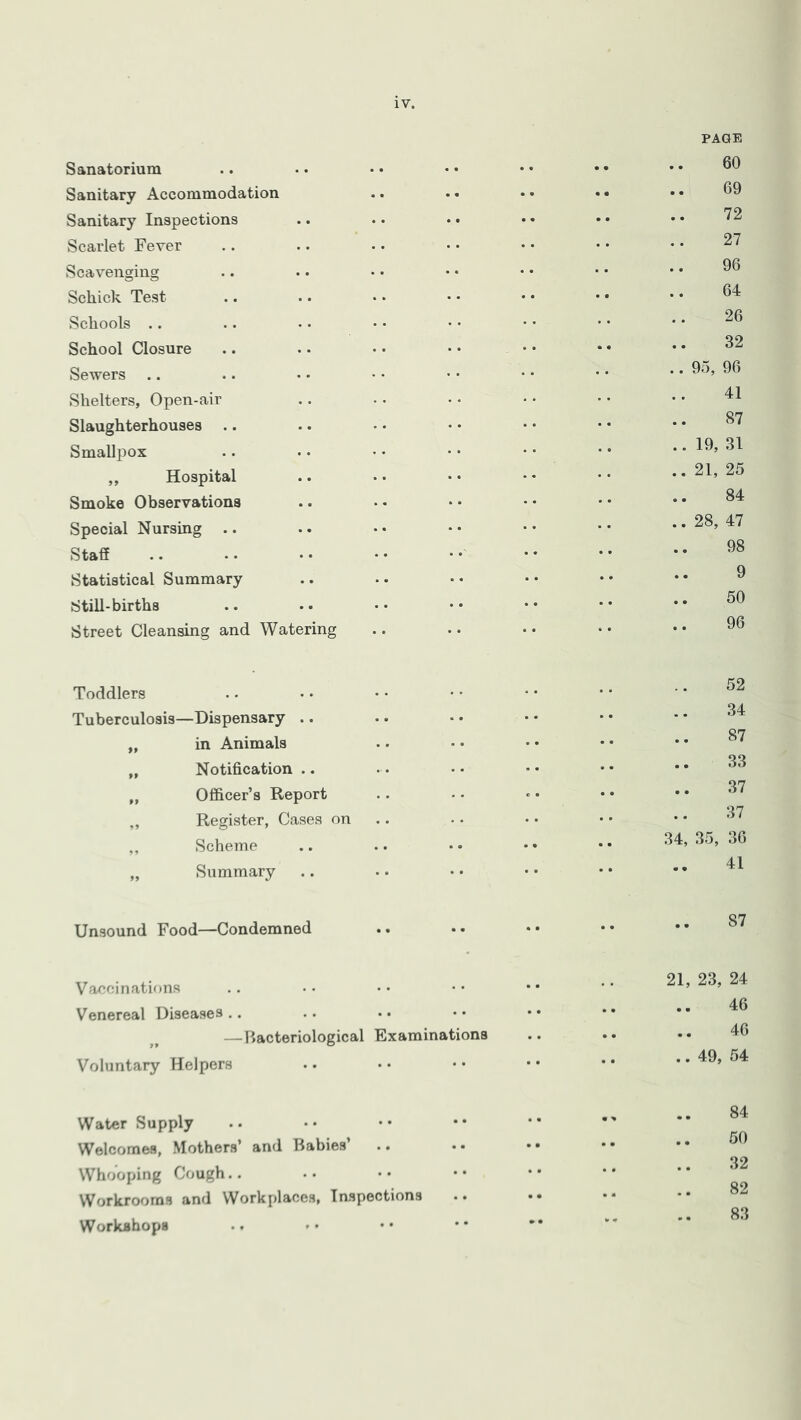 Sanatorium Sanitary Accommodation Sanitary Inspections Scarlet Fever Scavenging Schick Test Schools .. School Closure Sewers Shelters, Open-air Slaughterhouses Smallpox ,, Hospital Smoke Observations Special Nursing .. Staff Statistical Summary Still-births Street Cleansing and Watering PAGE 60 69 72 27 96 64 26 32 95, 96 41 87 19, 31 21, 25 84 28, 47 98 9 50 96 Toddlers Tuberculosis—Dispensary .. „ in Animals „ Notification .. „ Officer’s Report „ Register, Cases on ,, Scheme „ Summary 52 34 87 33 37 37 34, 35, 36 41 Unsound Food—Condemned 87 Vaccinations Venereal Diseases .. — Bacteriological Examinations Voluntary Helpers 21, 23, 24 46 46 .. 49, 54 Water Supply Welcomes, Mothers’ and Babies’ Whooping Cough.. Workrooms and Workplaces, Inspections Workshops 50 32 82 83