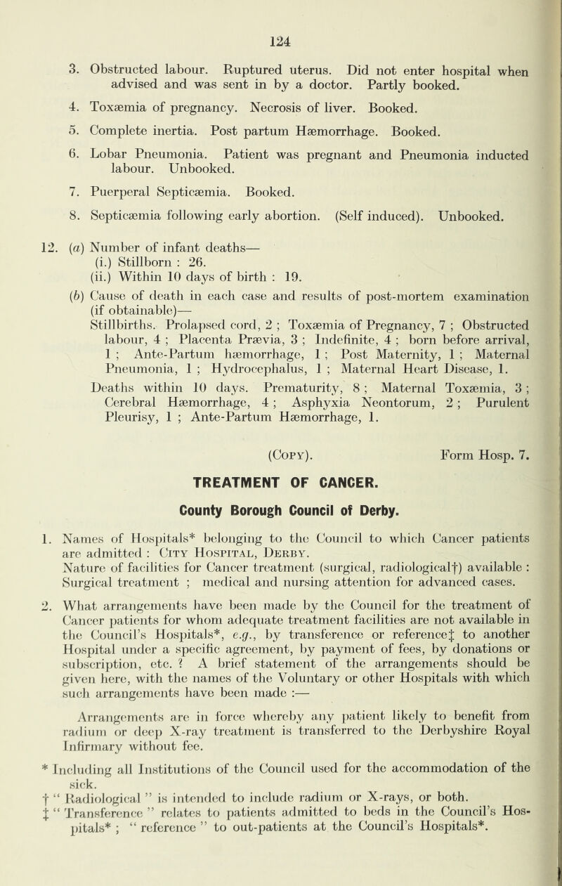 3. Obstructed labour. Ruptured uterus. Did not enter hospital when advised and was sent in by a doctor. Partly booked. 4. Toxaemia of pregnancy. Necrosis of liver. Booked. 5. Complete inertia. Post partum Haemorrhage. Booked. 6. Lobar Pneumonia. Patient was pregnant and Pneumonia inducted labour. Unbooked. 7. Puerperal Septicaemia. Booked. 8. Septicaemia following early abortion. (Self induced). Unbooked. 12. {a) Number of infant deaths— (i.) Stillborn : 26. (ii.) Within 10 days of birth : 19. (6) Cause of death in each case and results of post-mortem examination (if obtainable)— Stillbirths. Prolapsed cord, 2 ; Toxaemia of Pregnancy, 7 ; Obstructed labour, 4 ; Placenta Praevia, 3 ; Indefinite, 4 ; born before arrival, 1 ; Ante-Partum haemorrhage, 1 ; Post Maternity, 1 ; Maternal Pneumonia, 1 ; Hydrocephalus, 1 ; Maternal Heart Disease, 1. Deaths within 10 days. Prematurity, 8 ; Maternal Toxaemia, 3 ; Cerebral Haemorrhage, 4 ; Asphyxia Neontorum, 2 ; Purulent Pleurisy, 1 ; Ante-Partum Haemorrhage, 1. (Copy). Form Hosp. 7. TREATMENT OF CANCER. County Borough Council of Derby. 1. Names of Hospitals* belonging to the Council to which Cancer patients are admitted : City Hospital, Derby. Nature of facilities for Cancer treatment (surgical, radiologicalf) available : Surgical treatment ; medical and nursing attention for advanced cases. 2. What arrangements have been made by the Council for the treatment of Cancer patients for whom adequate treatment facilities are not available in the Council’s Hospitals*, e.g., by transference or referenceJ to another Hospital under a specific agreement, by payment of fees, by donations or subscription, etc. ? A brief statement of the arrangements should be given here, with the names of the Voluntary or other Hospitals with which such arrangements have been made :— Arrangements are in force whereby any patient likely to benefit from radium or deep X-ray treatment is transferred to the Derbyshire Royal Infirmary without fee. * Including all Institutions of the Council used for the accommodation of the sick. t “ Radiological ” is intended to include radium or X-rays, or both. X “ Transference ” relates to patients admitted to beds in the Council’s Hos- pitals* ; “ reference ” to out-patients at the Council’s Hospitals*.