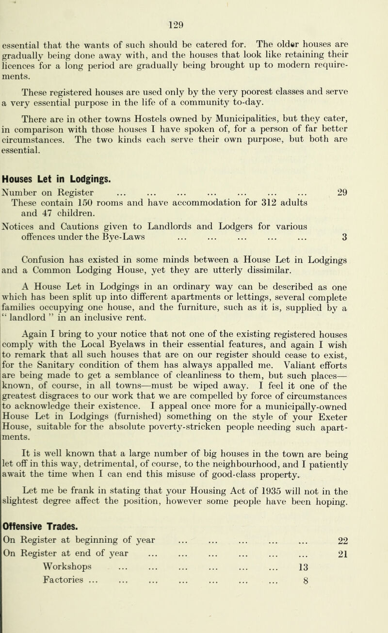 essential that the wants of such should be catered for. The older houses are gradually being done away with, and the houses that look like retaining their licences for a long period are gradually being brought up to modern require- ments. These registered houses are used only by the very poorest classes and serve a very essential purpose in the life of a community to-day. There are in other towns Hostels owned by Municipalities, but they cater, in comparison with those houses I have spoken of, for a person of far better circumstances. The two kinds each serve their own purpose, but both are essential. Houses Let in Lodgings. Number on Register ... ... ... ... ... ... ... 29 These contain 150 rooms and have accommodation for 312 adults and 47 children. Notices and Cautions given to Landlords and Lodgers for various offences under the Bye-Laws ... ... ... ... ... 3 Confusion has existed in some minds between a House Let in Lodgings and a Common Lodging House, yet they are utterly dissimilar. A House Let in Lodgings in an ordinary way can be described as one which has been split up into different apartments or lettings, several complete families occupying one house, and the furniture, such as it is, supplied by a landlord ” in an inclusive rent. Again I bring to your notice that not one of the existing registered houses comply with the Local Byelaws in their essential features, and again I wish jto remark that all such houses that are on our register should cease to exist, ifor the Sanitary condition of them has always appalled me. Valiant efforts I are being made to get a semblance of cleanliness to them, but such places— jknovTi, of course, in all towns—must be wiped away. I feel it one of the greatest disgraces to our work that we are compelled by force of circumstances to acknowledge their existence. I appeal once more for a municipally-owned House Let in Lodgings (furnished) something on the style of your Exeter House, suitable for the absolute poverty-stricken people needing such apart- ments. It is well known that a large number of big houses in the town are being let off in this way, detrimental, of course, to the neighbourhood, and I patiently await the time when I can end this misuse of good-class property. Let me be frank in stating that your Housing Act of 1935 will not in the slightest degree affect the position, however some people have been hoping. Offensive Trades. On Register at beginning of year ... ... ... ... ... 22 On Register at end of year ... ... ... ... ... ... 21 Workshops ... ... ... ... ... ... 13 Factories ... ... 8