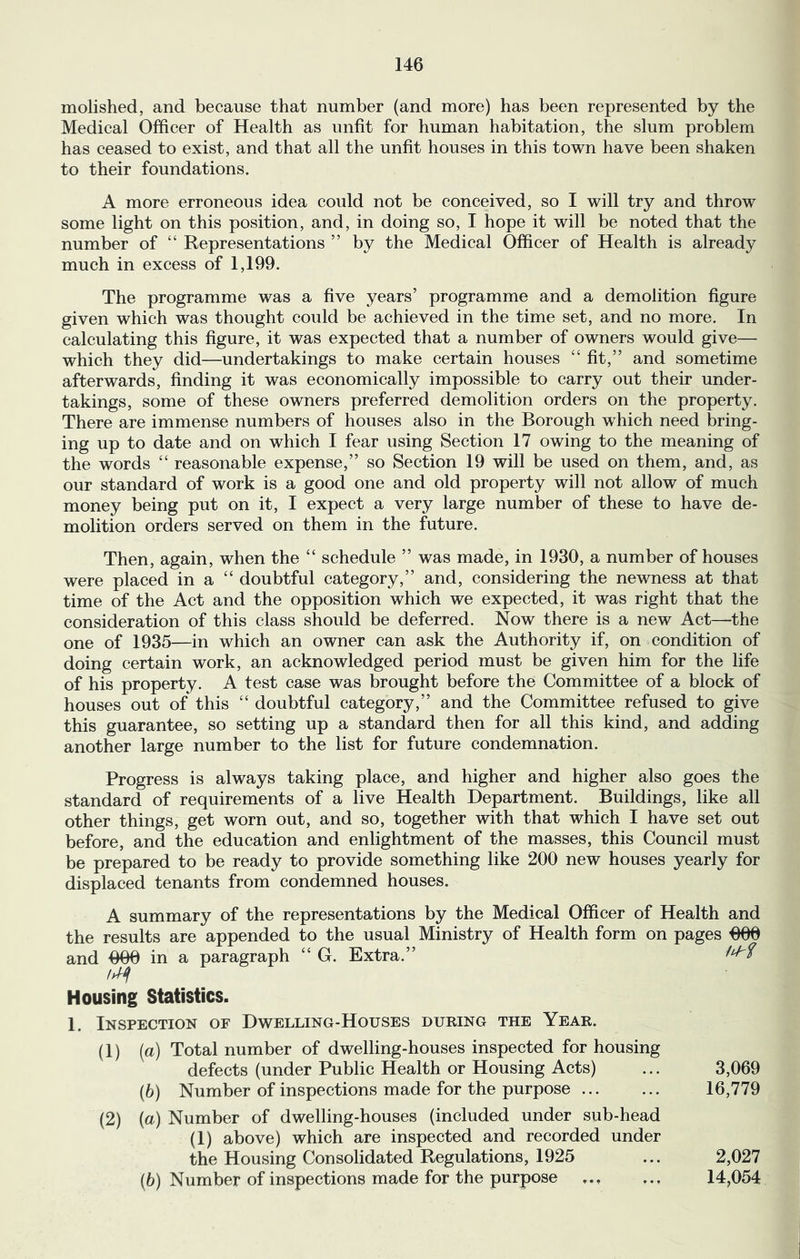 molished, and because that number (and more) has been represented by the Medical Officer of Health as unfit for human habitation, the slum problem has ceased to exist, and that all the unfit houses in this town have been shaken to their foundations. A more erroneous idea could not be conceived, so I will try and throw some light on this position, and, in doing so, I hope it will be noted that the number of “ Representations ” by the Medical Officer of Health is already much in excess of 1,199. The programme was a five years’ programme and a demolition figure given which was thought could be achieved in the time set, and no more. In calculating this figure, it was expected that a number of owners would give— which they did—undertakings to make certain houses “ fit,” and sometime afterwards, finding it was economically impossible to carry out their under- takings, some of these owners preferred demolition orders on the property. There are immense numbers of houses also in the Borough which need bring- ing up to date and on which I fear using Section 17 owing to the meaning of the words “ reasonable expense,” so Section 19 will be used on them, and, as our standard of work is a good one and old property will not allow of much money being put on it, I expect a very large number of these to have de- molition orders served on them in the future. Then, again, when the “ schedule ” was made, in 1930, a number of houses were placed in a “ doubtful category,” and, considering the newness at that time of the Act and the opposition which we expected, it was right that the consideration of this class should be deferred. Now there is a new Act—the one of 1935—in which an owner can ask the Authority if, on condition of doing certain work, an acknowledged period must be given him for the life of his property. A test case was brought before the Committee of a block of houses out of this “ doubtful category,” and the Committee refused to give this guarantee, so setting up a standard then for all this kind, and adding another large number to the list for future condemnation. Progress is always taking place, and higher and higher also goes the standard of requirements of a live Health Department. Buildings, like all other things, get worn out, and so, together with that which I have set out before, and the education and enlightment of the masses, this Council must be prepared to be ready to provide something like 200 new houses yearly for displaced tenants from condemned houses. A summary of the representations by the Medical Officer of Health and the results are appended to the usual Ministry of Health form on pages €00 and 000 in a paragraph “ G. Extra.” Housing Statistics. 1. Inspection of Dwelling-Houses dueing the Yeae. (1) (a) Total number of dwelling-houses inspected for housing defects (under Public Health or Housing Acts) ... 3,069 (6) Number of inspections made for the purpose 16,779 (2) (a) Number of dwelling-houses (included under sub-head (1) above) which are inspected and recorded under the Housing Consolidated Regulations, 1925 ... 2,027 (b) Number of inspections made for the purpose 14,054