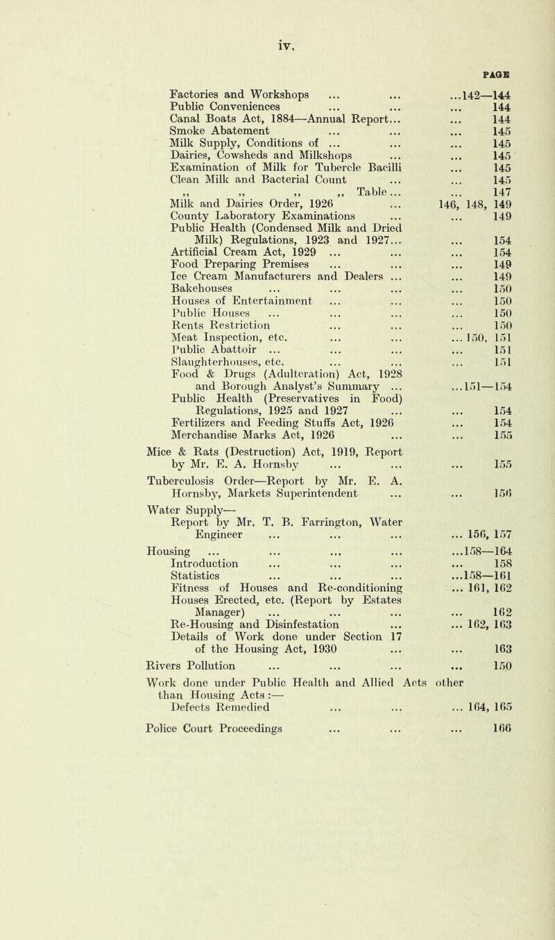 PAQB Factories and Workshops Public Conveniences Canal Boats Act, 1884—Annual Report... Smoke Abatement Milk Supply, Conditions of ... Dairies, Cowsheds and Milkshops Examination of Milk for Tubercle Bacilli Clean Milk and Bacterial Count ,, ,, ,, ,, Table... Milk and Dairies Order, 1926 County Laboratory Examinations Public Health (Condensed Milk and Dried Milk) Regulations, 1923 and 1927... Artificial Cream Act, 1929 ... Food Preparing Premises Ice Cream Manufacturers and Dealers ... Bakehouses Houses of Entertainment Public Houses Rents Restriction Meat Inspection, etc. Public Abattoir ... Slaughterhouses, etc. Food & Drugs (Adulteration) Act, 1928 and Borough Analyst’s Summary ... Public Health (Preservatives in Food) Regulations, 1925 and 1927 Fertilizers and Feeding Stuffs Act, 1926 Merchandise Marks Act, 1926 Mice & Rats (Destruction) Act, 1919, Report by Mr. E. A. Hornsby Tuberculosis Order—Report by Mr. E. A. Hornsby, Markets Superintendent Water Supply— Report by Mr. T. B. Farrington, Water Engineer Housing Introduction Statistics Fitness of Houses and Re-conditioning Houses Erected, etc. (Report by Estates Manager) Re-Housing and Disinfestation Details of Work done under Section 17 of the Housing Act, 1930 Rivers Pollution ..142—144 144 144 145 145 145 145 145 146 147 148, 149 149 154 154 149 149 1.50 1.50 150 1.50 .. 150, 151 151 151 ..151—1.54 154 1.54 1.55 1.55 156 ... 156, 157 ...1.58—164 158 ...1.58—161 ... 161, 162 162 ... 162, 163 163 150 Work done under Public Health and Allied Acts other than Housing Acts :— Defects Remedied ... ... ... 164, 165 166 Police Court Proceedings