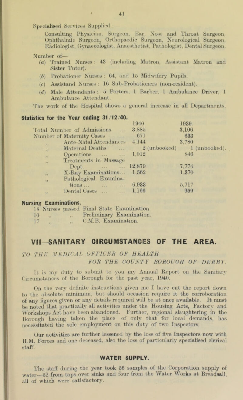 f 4] Specialised Sei-vices Suppli<‘d :— Consulting Physician. Surgeon, Ear, Nose and Throat Surgeon, Ophthalmic Surgeon, Orthopaedic Surgeon, Neurological Surgeon, Radiologist, Gynaecologist, Anaesthetist, Pathologist, Dental Surgeon. Number of— (а) Trained Nurses : 4,’i (including Matron, Assistant Matron and Sister Tutor). (б) Probationer Nurses : 64, and 15 Midwifery Pupils. (c) Assistand Nurses ; 16 Sub-Probationers (non-resident). (d) Male Attendants : 5 Porters. I Barber, I Ambulance Driver, I Ambulance Attendant. The work of the Hospital shows a general incn'iise in all Departments. Statistics for the Year ending 31 12 40. 194(t 1939. 'I’otal Number of Admissions 3,885 3,106 Number of Maternity Cases 671 633 ,, Aut(‘-Natal Attendances 4,144 3.780 ,, Maternal Deaths 2 (unbooked) 1 ,, Operations ,, Treatments in Ma-ssage 1,012 846 Dept. 12,879 7,774 ,, X-Ray Examinations... ,, Pathological Examina- 1,562 1,,370 tions ... 6,933 5,717 ,, Dental Ca.ses ... 1,166 969 Nursing Examinations. 18 Nurses pas.sed Final State Examination. 10 ,. ,, Preliminary Examination. 17 ,, ,, (\M.B. Examination. VII -SANITARY CIRCUMSTANCES OF THE AREA. TO THE MEDICAL OFFICER OF HEALTH FOR THE COUNTY BOROV OH OF DERBY. It is my duty to subjuit to you my Annual R('])ort on the Sanitary Circiimstanees of the Borough for the past year, 1946. On the very' delinite instructions given me 1 have cut the report down to the absolute minimum, but should occasion recjuire it the corroboration of any rigures given or any details required wall be at once available. It must be noted that practically all activities under the Housing Acts, Factory and Workshops Act have been abandoned. Further, regional slaughtering in the Borough having taken the place of only that for local demands, has necessitated the sole employment on this duty of two Inspectors. Our activities are further lessened by the loss of five Inspectors now' with H.M. Forces and one deceased, also the loss of particularly specialised clerical staff. WATER SUPPLY. The staff during the year took 56 samples of the Coi-poration supply of wate] —52 from taps over sinks and four from the Water Works at Breadsall, all of which were satisfactory.