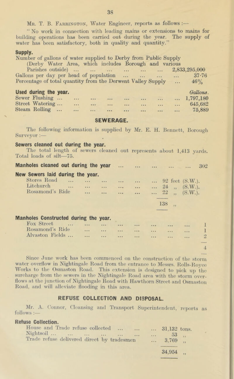 Mr. T. B. Farrington, Water Engineer, reports as follows :— “No work in connection with leading mains or extensions to mains for building operations has been canied out during the year. The supply of water has been satisfactory, both in quality and quantity.” Supply. Number of gallons of water supplied to Derby from Public Supply (Derby Water Area, which includes Borough and various Parishes outside) ... 2,833,295,000 Gallons per day per head of population 37-76 Percentage of total quantity from the Derwent Valley Supply 46% Used during the year. Oallons. Sewer Flushing ... ... 1,797,180 Street Watering ... 645,682 Steam Rolling ... ... ... ... ... ... ... 75,889 SEWERAGE. The following information is supplied by Mi’. E. H. Bennett, Borough Surveyor:— Sewers cleaned out during the year. The total length of sewers cleaned out rejn’esents about 1,413 vards. Total loads of silt—75. Manholes cleaned out during the year New Sewers laid during the year. Stores Road Litchurch Rosamond’s Ride 3d2 92 feet (S.W.). 24 „ (S.W.). 22 „ (S.W.). Manholes Constructed during the year. Fox Street ‘ 1 Rosamond’s Ride 1 Alvaston Fields 2 4 Since dune work has been commenced on the construction of the storm water overflow in Nightingale Road from the entrance to Messrs. Rolls-Royce Works to the Osmaston Road. This extension is designed to pick uj) the surcharge from the sewers in the Nightingale Road area with the storm over- flows at the junction of Nightingale Road with Hawthorn Street and Osmaston Road, and will alleviate flooding in this area. REFUSE COLLECTION AND DISPOSAL. Mr. A. Connor, Cleansing and Transport Superintendent, reports as follows :— Refuse Collection. House and Trade refuse collected 31,132 tons. Nightsoil ... ... ... ... rq Trade refuse delivered direct by tradesmen ... 3,769 34,954