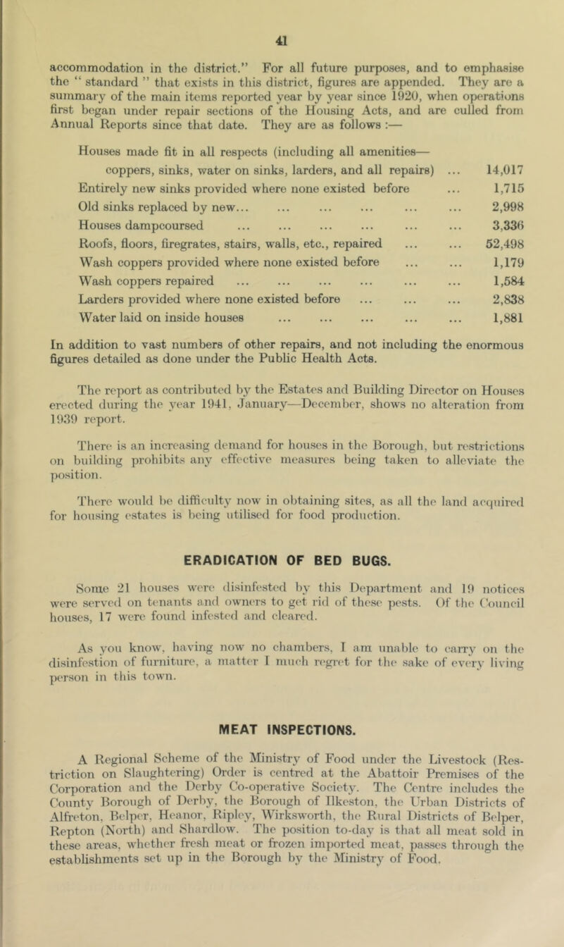 accommodation in the district.” For all future purposes, and to emphasise the “ standard ” that exists in tliis district, figures are appended. They are a summary of the main items reported year by year since 1920, when operations first began under repair sections of the Housing Acts, and are culled from Annual Reports since that date. They are as follows :— Houses made fit in all respects (including all amenities— coppers, sinks, water on sinks, larders, and all repairs) Entirely new sinks provided where none existed before Old sinks replaced by new... Houses dampcoursed Roofs, floors, firegrates, .stairs, walls, etc., repaired Wash coppers provided where none existed before Wash coppers repaired Larders provided where none existed before Water laid on inside houses 14,017 1,715 2,998 3,330 52,498 1,179 1,584 2,838 1,881 In addition to vast numbers of other repairs, and not including the enormous figures detailed as done under the Public Health Acts. The report as contributed by the Estates and Building Director on Hou.ses erected during the year 1941, January—December, shows no alteration from 1939 report. There is an increasing demand for houses in the Borough, but restrictions on building prohibits any effective measures being taken to alleviate the position. There would be difficulty now in obtaining sites, as all the land acquired for housing ('states is being utilised for food production. ERADICATION OF BED BUGS. Some 21 houses were disinfi'st'd by this Department and 19 notices were serv'cd on tenants and owni'rs to get rid of the.se pests. Of the CVaincil houses, 17 were found infested and cleared. As you know, having now no cliambers, T am unable to cairy on the disinfe.stion of furniture, a matt('r I much n'grc't for tlu* sake of every living pc'rson in this town. MEAT INSPECTIONS. A Regional Scheme of the Ministry of Food under the Livestock (Res- triction on Slaughtering) Order is centred at the Abattoir Premises of the Oorporation and the Derby Co-operative Society. The Centre includes the Cbunty Borough of Derby, the Borough of Ilkeston, the Urban Districts of Alfreton, Belper, Heanor, Ripley, Wirksworth, the Rural Districts of Bc'lper, Repton (North) and Shardlow. The position to-day is that all meat sold in these areas, whether fresh meat or frozen imported meat, passes through the establishments set up in the Borough by the Mini.stry of Food.