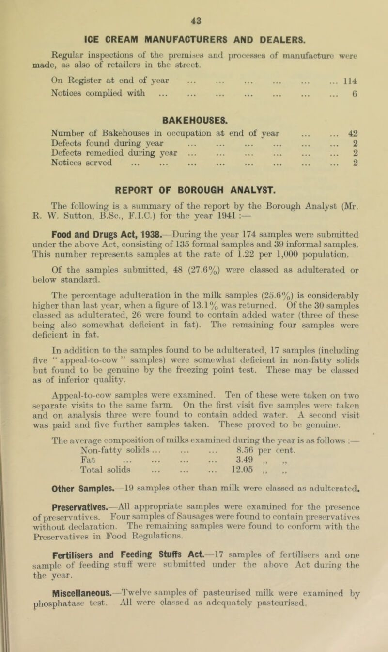 ICE CREAM MANUFACTURERS AND DEALERS. Regular inspections of the premise's and jjrocesses of manufacture were made, as also of retailers in the street. On Register at end of year ... ... ... ... ... ... 114 Notices complied with ... ... ... ... ... ... ... G BAKEHOUSES. Number of Bakehouses in occupation at end of year ... ... 42 Defects found during year ... ... ... ... ... ... 2 Defects remedied during year ... ... ... ... ... ... 2 Notices served ... ... ... ... ... ... ... ... 2 REPORT OF BOROUGH ANALYST. The following is a summary of the report by the Borough Analyst (Mr. R. W. Sutton, B.Sc., F.l.C.) for the year 1941 :— Food and Drugs Act, 1938.—During the year 174 samples were submitted under the above Act, consisting of 135 formal samples and 39 informal samples. This number represents samples at the rate of 1.22 per 1,900 population. Of the samples submitted, 48 (27.6%) were classed as adulterated or below standard. The percentage adulteration in the milk samples (25.6%) is considerably higher than last year, when a figure of 13.1 % was returned. Of the 30 samples classed as adulterated, 26 were found to contain added water (three of these being also somewhat deficient in fat). The remaining four samples were deficient in fat. In addition to the samples found to be adulterated, 17 samples (including five “ appeal-to-cow ” samples) were somewhat deficient in non-fatty solids but found to be genuine by the freezing point test. These may be classed as of inferior quality. Appeal-to-cow samples were examined. Ten of these were taken on two separate visits to the same farm. On the first visit five sam])les were taken and on analysis three were found to contain added wat('r. A sc'cond visit was paid and five further samples taken. These proved to be genuine. The average composition of milks examined during the year is as follows :— Non-fatty solids... ... ... 8.56 per cent. Fat ... ... ... ... 3.49 ,, ,, Total solids ... ... ... 12.05 ,, ,, Other Samples.—19 samples other than milk w’cre classed as adulterated. Preservatives.—All appropriate samples were examined for the presence of preservatives. Four samples of Sausages were found to contain pres<'rvatives without declaration. The remaining samples were found to conform with the Preservatives in Food Regulations. Fertilisers and Feeding Stuffs Act.—17 samples of fertilisers and one sample of feeding stuff were submitted under the above Act during the the year. Miscellaneous.—Twelve samples of pasteurised milk were examined by phosphatase test. All were classed as adequately pasteuri.sed.