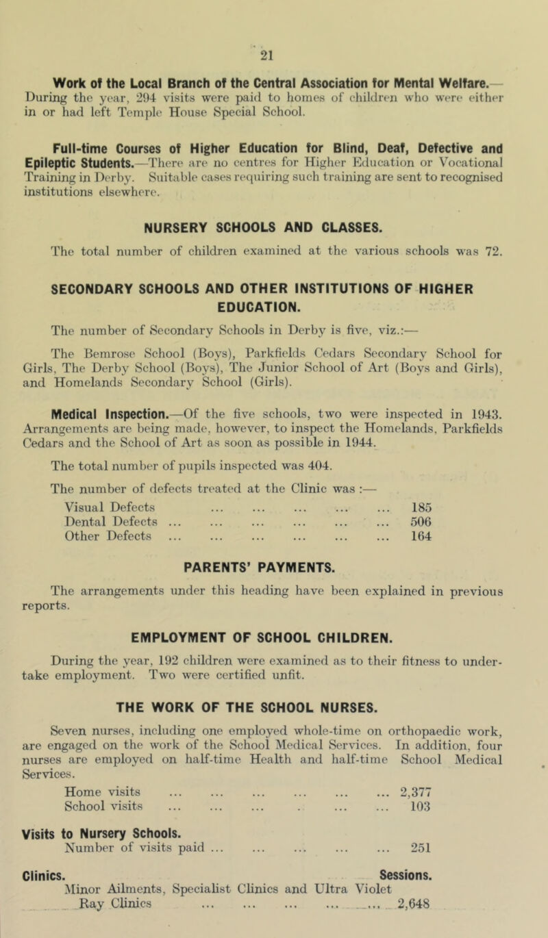 Work of the Local Branch of the Central Association for Mental Welfare.— During the year, 294- visits were paid to homes of children who were either in or had left Temple House Special School. Full-time Courses of Higher Education for Blind, Deaf, Defective and Epileptic Students. —There are no centres for Higher Education or Vocational Training in D(‘rby. Suitable cases requiring such training are sent to recognised institutions elsewhere. NURSERY SCHOOLS AND CLASSES. The total number of children examined at the various schools was 72. SECONDARY SCHOOLS AND OTHER INSTITUTIONS OF HIGHER EDUCATION. The number of Secondary Schools in Derby is five, viz.;— The Bemrose School (Boys), Parkficlds Cedars Secondary School for Girls, The Derby School (Boys), The Junior School of Art (Boys and Girls), and Homelands Secondary School (Girls). Medical Inspection.—Of the five schools, two were inspected in 1943. Arrangements are being made, however, to inspect the Homelands, Parkfields Cedars and the School of Art as soon as possible in 1944. The total number of pupils inspected was 404. The number of defects tr(‘ated at the Clinic was :— Visual Defects ... ... ... ... ... 185 Dental Defects ... ... ... ... ... ... 506 Other Defects ... ... ... ... ... ... 164 PARENTS’ PAYMENTS. The arrangements under this heading have been explained in previous reports. EMPLOYMENT OF SCHOOL CHILDREN. During the year, 192 children were examined as to their fitness to under- take employment. Two were certified unfit. THE WORK OF THE SCHOOL NURSES. Seven nurses, including one employed whole-time on orthopaedic work, are engaged on the work of the School Medical Services. In addition, four nurses are employed on half-time Health and half-time School Medical Services. Home visits 2,377 School visits . 103 Visits to Nursery Schools. Number of visits paid ... ... ... ... ... 251 Clinics. Sessions. Minor Ailments, Specialist Clinics and Ultra Violet Ray Clinics 2,648