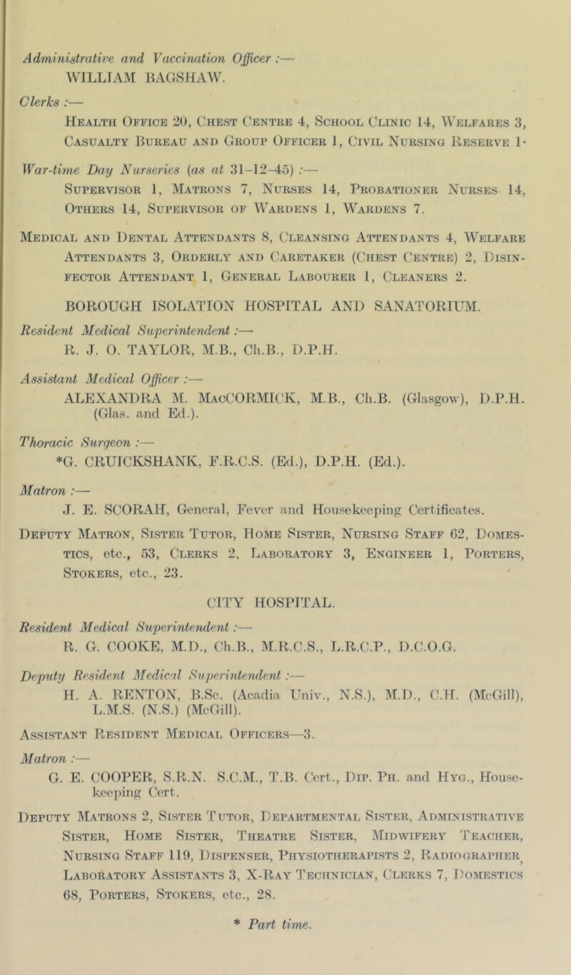 Administrative and Vaccimition Officer :— WILLIAM JiAGSHAW. Clerks :— Health Office 20, Chest Centre 4, School Clinic 14, Welfares 3, Casualty Bureau and Group Officer 1, Civil Nursing Reserve 1- War-time Day Nurseries {as at 31-12-45) .•— Supervisor 1, Matrons 7, Nurses 14, Probationer Nurses 14, Others 14, Supervisor of Wardens 1, Wardens 7. Medical and Dental Attendants 8, Cleansing Attendants 4, Welfare Attendants 3, Orderly and (Caretaker ((.'hest Centre) 2, Disin- fector Attendant 1, General Labourer 1, Cleaners 2. BOROUGH ISOLATION HOSPITAL AND SANATORIUM. Resident Medical Superintemlent:— R. J. O. TAYLOR, M.B., Ch.B., D.P.H. Assistant Medical Officer :— ALEXANDRA M. MacCORMIC!K, M.B., Ch.B. (Glasgow), D.P.H. (Glas. and Ed.). Thoracic Surgeon :— *G. CRUICKSHANK, F.R.C.S. (Ed.), D.P.H. (Ed.). Matron :— J. E. SCORAH, General, Fever and Housekeeping Certificates. Deputy Matron, Sister Tutor, Home Sister, Nursing Staff G2, Domes- tics, etc., 53, Clerks 2, Laboratory 3, Engineer I, Porters, Stokers, etc., 23. CITY HOSPITAL. Resident Medical Superintendent:— R. G. COOKE, M.D., Ch.B., M.R.C.S., L.R.C.P., D.C.O.G. Deputy Resident Medical Superintendent:— H. A. REN'rON, B.Sc. (Acadia Univ., N.S.), M.D., C.H. (McGill), L.M.S. (N.S.) (McGill). Assistant Resident Medical Officers—3. Matron :— G. E. COOPER, S.R.N. S.C.M., T.B. Cert., Dip. Pii. and Hyg., House- keeping Cert. Deputy Matrons 2, Sister Tutor, Departmental Sister, Administrative Sister, Home Sister, Theatre Sister, Midwifery Teacher, Nursing Staff III), Dispenser, Physiotheraplsts 2, Radiographer^ Laboratory Assistants 3, X-Ray Technician, Clerks 7, Domestics 68, Porters, Stokers, etc., 28. * Part time.