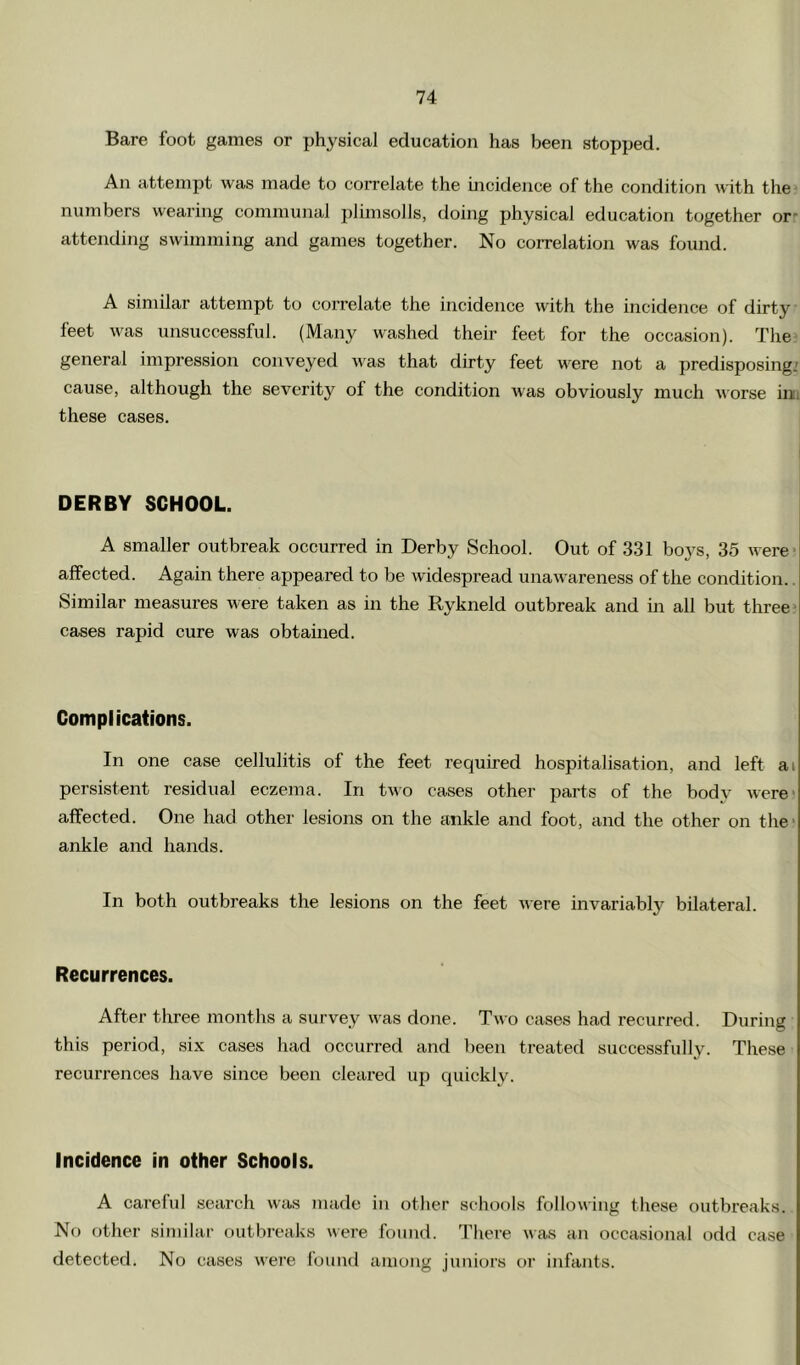 Bare foot games or physical education has been stopped. An attempt was made to correlate the incidence of the condition Avith the • numbers wearing communal plimsolls, doing physical education together or' attending swimming and games together. No correlation was found. A similar attempt to correlate the incidence Avith the incidence of dirty feet Avas unsuccessful. (Many washed their feet for the occasion). The general impression conveyed AA'as that dirty feet were not a predisposing.' cause, although the severity of the condition Avas obviously much AAorse im these cases. DERBY SCHOOL. A smaller outbreak occurred in Derby School. Out of 331 boys, 35 AAere- affected. Again there appeared to be Avidespread unaAvareness of the condition.. Similar measures were taken as in the Rykneld outbreak and in all but three* cases rapid cure was obtained. Complications. In one case cellulitis of the feet required hospitalisation, and left ai persistent residual eczema. In tAAo cases other parts of the body Avere* affected. One had other lesions on the ankle and foot, and the other on the* ankle and hands. In both outbreaks the lesions on the feet AAere invariably bilateral. Recurrences. After three months a survey Avas done. Tavo cases had recurred. During this period, six cases had occurred and been treated successfully. These recurrences have since been cleared up quickly. Incidence in other Schools. A careful search Avas made in other schools following these outbreaks. No other similai- outbreaks Avere found. There A\as an occasional odd case detected. No cases AAere found among juniors or infants.