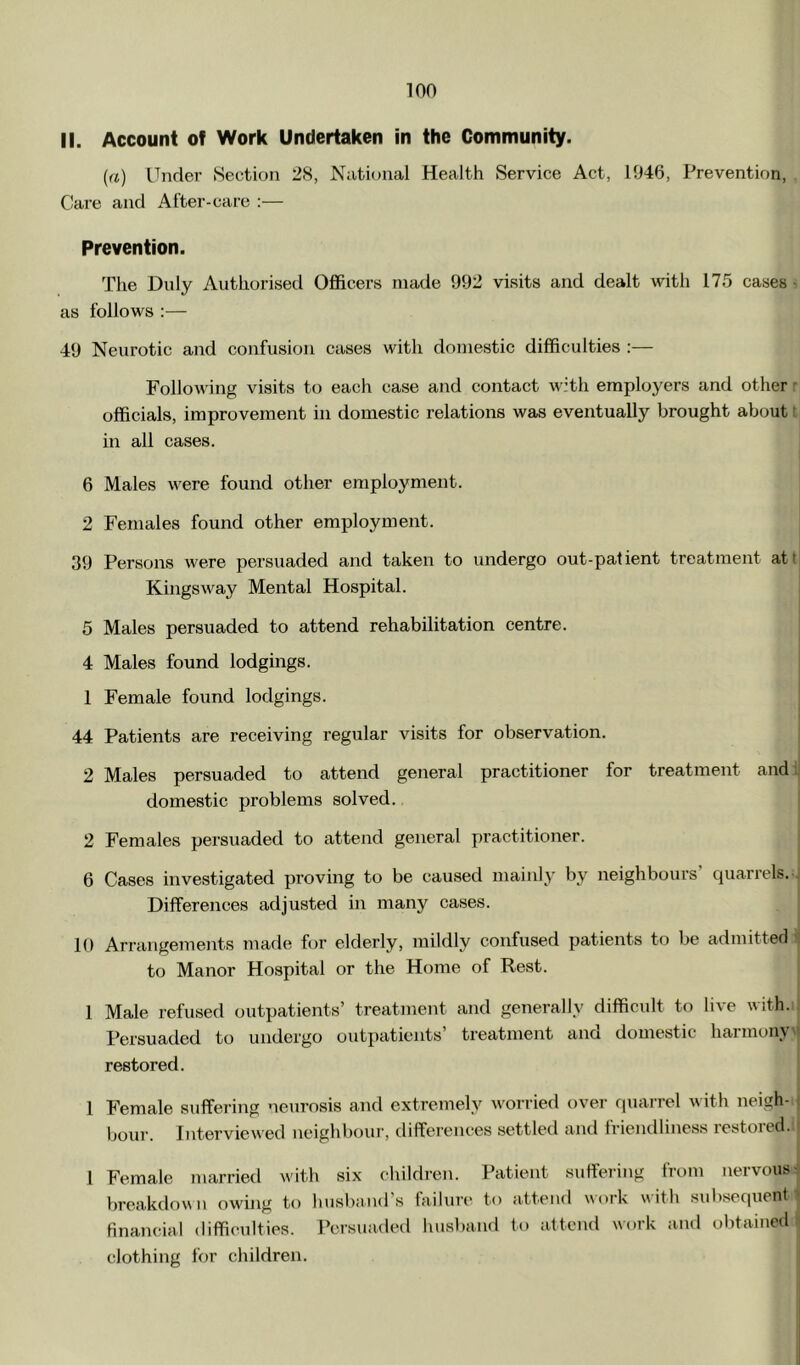 II. Account of Work Undertaken in the Community. {a) Under Section 28, Niitional Health Service Act, 1946, Prevention, Care and After-care :— Prevention. The Duly Authorised Officers made 992 visits and dealt with 175 cases • as follows :— 49 Neurotic and confusion cases with domestic difficulties :— Following visits to each case and contact with employers and other r officials, improvement in domestic relations was eventually brought about t in all cases. 6 Males w^ere found other employment. 2 Females found other employment. 39 Persons were persuaded and taken to undergo out-patient treatment att Kingsway Mental Hospital. , i 5 Males persuaded to attend rehabilitation centre. 1 4 Males found lodgings. | 1 Female found lodgings. I 44 Patients are receiving regular visits for observation. 2 Males persuaded to attend general practitioner for treatment andij domestic problems solved. 2 Females pei’suaded to attend general practitioner. 6 Cases investigated proving to be caused mainly by neighbours’ quarrels. ■ Differences adjusted in many cases. 10 Arrangements made for elderly, mildly confused patients to be admitted to Manor Hospital or the Home of Rest. 1 Male refused outpatients’ treatment and generally difficult to live with. ! Persuaded to undergo outpatients’ treatment and domestic harmony restored. 1 Female suffering neurosis and extremely worried ovej- quai rel v ith neigh- \ hour. Interviewed neighbour, diffei’ences settled and Iriendliness restoied. ! 1 Female married with six children. Patient suffering from nervous breakdov n owing to husl)a.ud s failure to attend work \\ ith subsequent ^ finamdal difficulties. Persuadcil liusliand to attend work and obtained !j clothing for children.