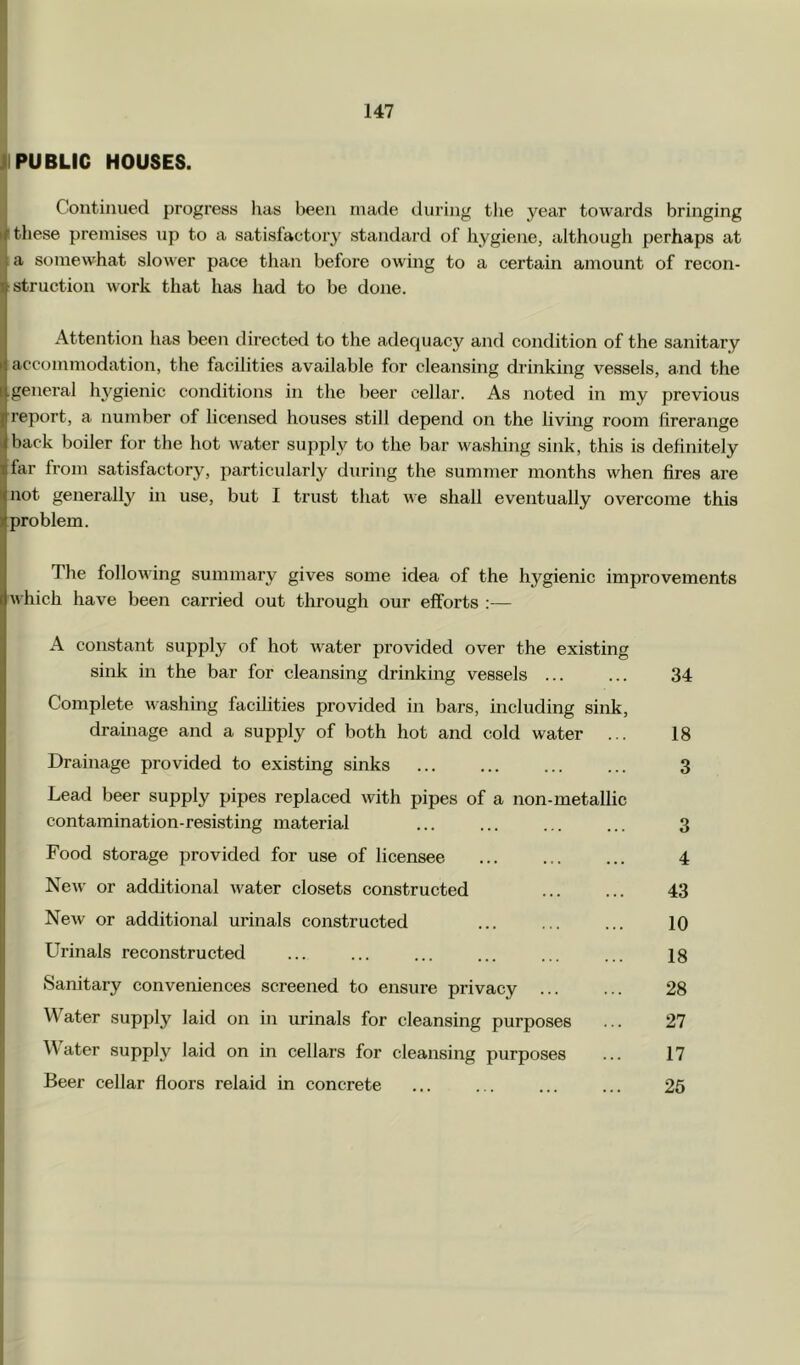 I PUBLIC HOUSES. Continued progress has been made during the jmar towards bringing • these premises up to a satisfactory standard of hygiene, although perhaps at a somewhat slower pace than before owing to a certain amount of recon- struction work that has had to be done. Attention has been directed to the adequacy and condition of the sanitary accommodation, the facilities available for cleansing di’inking vessels, and the ■general hygienic conditions in the beer cellar. As noted in my previous report, a number of licensed houses still depend on the living room firerange back boiler for the hot water supply to the bar washing sink, this is definitely far from satisfactory, particularly during the summer months when fires are not generall}'^ in use, but I trust that we shall eventually overcome this problem. The following summary gives some idea of the hygienic improvements which have been carried out through our efforts ;— A constant supply of hot water provided over the existing sink in the bar for cleansing drinking vessels ... Complete washing facilities provided in bars, including sink, drainage and a supply of both hot and cold water ... Drainage provided to existing sinks Lead beer supply pipes replaced with pipes of a non-metallic contamination-resisting material Food storage provided for use of licensee New or additional water closets constructed NeAv or additional urinals constructed Urinals reconstructed Sanitary conveniences screened to ensure privacy ... Water supply laid on in urinals for cleansing purposes fV ater supply laid on in cellars for cleansing purposes Beer cellar floors relaid in concrete 34 18 3 3 4 43 10 18 28 27 17 26