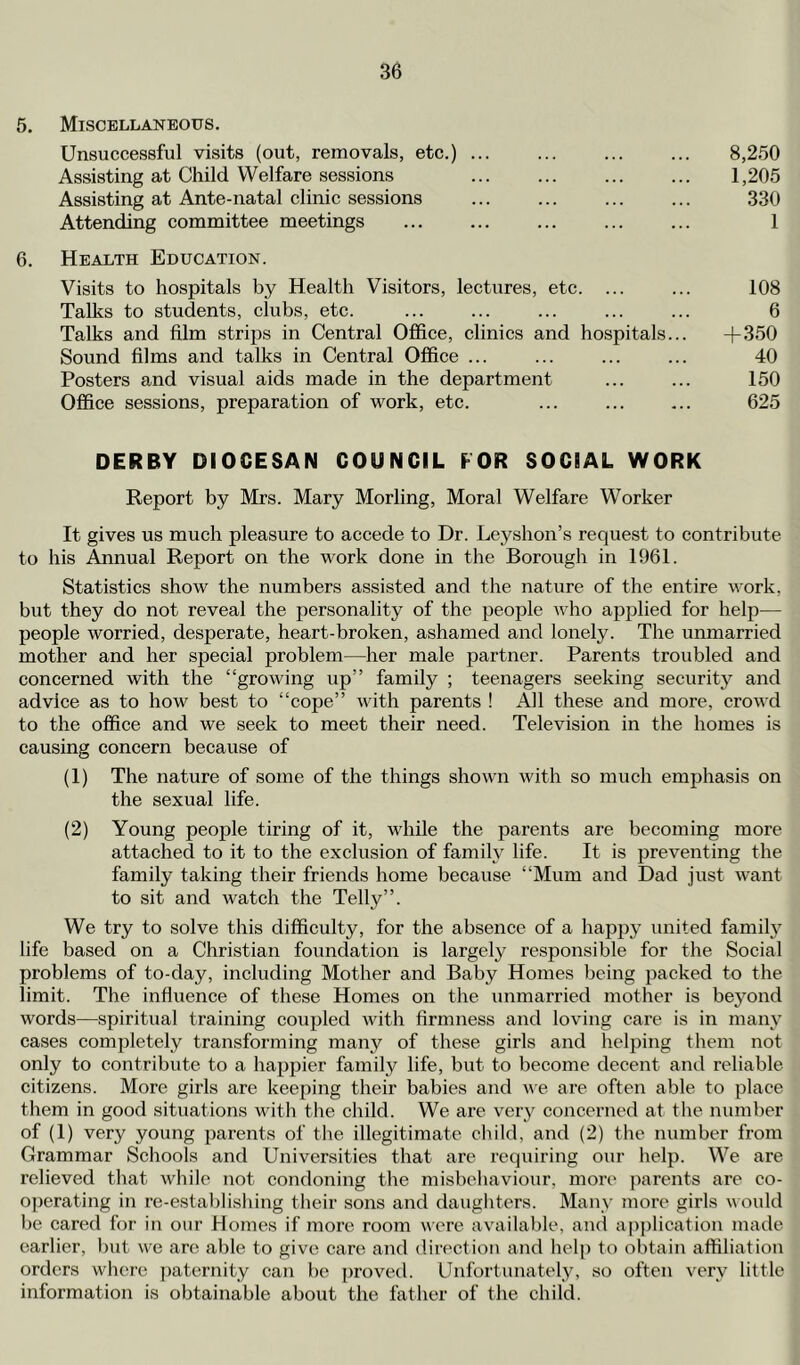 5. Miscellaneous. Unsuccessful visits (out, removals, etc.) 8,2.50 Assisting at Child Welfare sessions ... ... ... ... 1,205 Assisting at Ante-natal clinic sessions ... ... ... ... 330 Attending committee meetings ... ... ... ... ... 1 6. Health Education. Visits to hospitals by Health Visitors, lectures, etc. ... ... 108 Talks to students, clubs, etc. ... ... ... ... ... 6 Talks and film strips in Central Office, clinics and hospitals... +350 Sound films and talks in Central Office ... ... ... ... 40 Posters and visual aids made in the department ... ... 150 Office sessions, preparation of work, etc. ... ... ... 625 DERBY DIOCESAN COUNCIL FOR SOCIAL WORK Report by Mrs. Mary Morling, Moral Welfare Worker It gives us much pleasure to accede to Dr. Leyshon’s request to contribute to his Annual Report on the work done in the Borough in 1961. Statistics show the numbers assisted and the nature of the entire work, but they do not reveal the personality of the people who applied for help— people worried, desperate, heart-broken, ashamed and lonely. The unmarried mother and her special problem—her male jiartner. Parents troubled and concerned with the “growing up” family ; teenagers seeking security and advice as to how best to “cope” with parents ! All these and more, croivd to the office and we seek to meet their need. Television in the homes is causing concern because of (1) The nature of some of the things shown with so much emphasis on the sexual life. (2) Young people tiring of it, while the parents are becoming more attached to it to the exclusion of family life. It is preventing the family taking their friends home because “Mum and Dad just want to sit and watch the Telly”. We try to solve this difficulty, for the absence of a happy united famity life based on a Christian foundation is largely responsible for the Social problems of to-day, including Mother and Baby Homes being packed to the limit. The influence of these Homes on the unmarried mother is beyond words—spiritual training coupled with firmness and loving care is in many cases completely transforming many of these girls and helping them not only to contribute to a happier family life, but to become decent and reliable citizens. More girls are keeping their babies and we are often able to place them in good situations with the child. We arc very concerned at the number of (1) very young parents of the illegitimate child, and (2) the number from Grammar Schools and Universities that are requiring our help. We are relieved that while not condoning the misbehaviour, more parents are co- 0])erating in re-establishing their sons and daughters. Many more girls would be cared for in our Homes if more room were available, and ap])lication made earlier, but we are able to give care and direction and help to obtain affiliation orders where ])aternity can be proved. Unfortunately, so often very little information is obtainable about the father of the child.