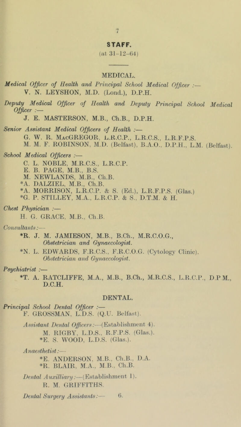 STAFF. (at 31-12-()4) MEDICAL. Medical Officer of Health and Principal School Medical Officer :— V. N. LEYSHON, M.D. (Lond.), D.P.H. Deputy Medical Officer of Health and Deputy Principal School Medical Officer :— J. E. MASTERSON, M.B., Ch.B., D.P.H. Senior Assistant Medical Officers of Health :— G. w. R. MacGregor, i^.r.c.p., l.r.c.s., l.r.f.p.s. M. M. F. ROBINSON, M.D. (Belfast), B.A.O., D.P.H., L.M. (Belfast). School Medical Officers :— C. L. NOBLE, M.R.C.S., L.R.C.P. E. B. PAGE, M.B., B.S. M. NEWLANDS, M.B., Ch.B. *A. DALZIEL, M.B., Ch.B. *A. MORRISON, L.R.C.P. & S. (Ed.), L.R.F.P.S. (Glas.) *G. P. STILLEY, M.A., L.R.C.P. & S., D.T.M. & H. Chest Physician :— H. G. GRACE, M.B., Ch.B. Consultants- *R. J. M. JAMIESON, M.B., B.Ch., M.R.C.O.G., Obstetrician and Gynaecologist. *N. L. EDWARDS, F.R.C.S., F.R.C.O.G. (Cytology Clinic). Obstetrician and Gynaecologist. Psychiatrist :— *T. A. RATCLIFFE, M.A., M.B., B.Ch., xM.R.C.S., L.R.C.P., D.P M., D.C.H. DENTAL. Principal School Dental Officer :— F. GROSSMAN. L.D.S. (O-C. Belfast). Assistant Dental Officers:—(Establishment 4). M. RIGBY, L.D.S., R.F.P.S. (Glas.). *E. S. WOOD, L.D.S. (Glas.). A naesthetist *E. ANDERSON. M.B., Ch.B., D.A. *R. BLAIR, M.A.. M B., Ch.B. Dental Anxillinry:—(Establishment I). R. M. GRIFFITHS. Dental Surgery AssisUuits:— (i.