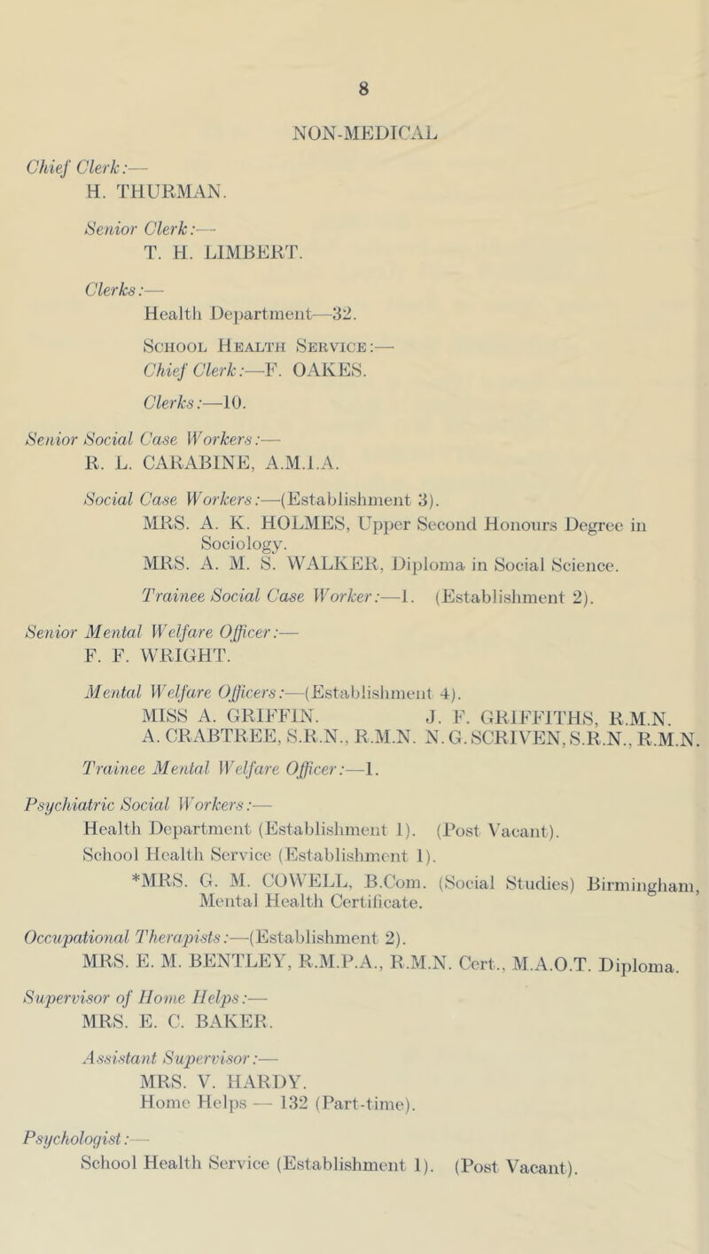 NON-MEDICAL Chief Clerk:— H. THURMAN. iSenior Clerk:— T. H. LIMRERT. Clerks :— Health Department—32. School Health Service:—■ Chief Clerk :~¥. OAKES. Clerks:—10. /Senior t^iocial Case Workers:— R. L. CARABINE, A.M.i.A. Social Case Workers:—(Establishment 3). MRS. A. K. HOLMES, Upper Second Honours Degree in Sociology. MRS. A. M. S. WALKER, Diploma in Social Science. 2^rainee Social Case Worker:—1. (Establishment 2). Senior Mental Welfare Officer:— F. F. WRIGHT. Mental Welfare Officers:—(Establishment 4). MISS A. GRIFFIN. J. F. GRIFFITHS, R.M.N. A. CRABTREE, S.R.N., R.M.N. N. G. SCRIVEN, S.R.N., R.M.N. Tramee Mental Welfare Officer:—1. Psychiatric Social Workers:— Health Department (Establishment 1). (Post Vacant). School Health Service (Establishment 1). *MRS. G. M. COWELL, B.Com. (Social Studies) Birmingham, Mental Health Certilicate. Occupational Therapists:—-(Establishment 2). MRS. E. M. BENTLEY, R.M.P.A., R.M.N. Cert., M.A.O.T. Diploma. Supervisor of Home Helps:— MRS. E. C. BAKER. Assistant Supervisor:— MRS. V. HARDY. Home Helps — 132 (Part-time). Psychologist:— School Health Service (Establishment 1). (Post Vacant).