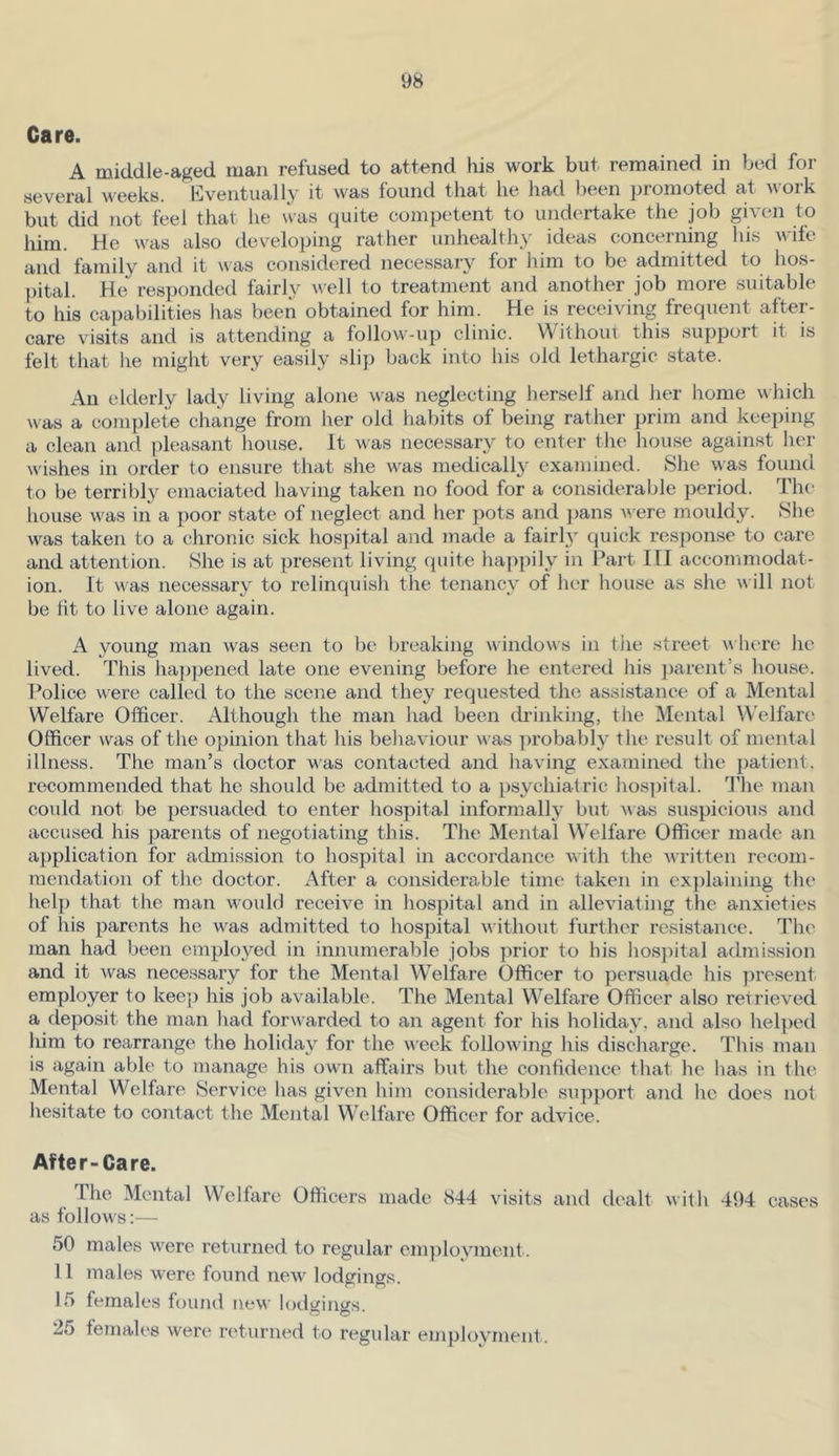 Care. A middle-aged man refused to attend his work but remained in bed for several weeks. Eventually it was found that he had been promoted at work but did Jiot feel that he was quite competent to undertake the job given to liirn. He was also developing rather unhealthy ideas concerning his \\'ife and family and it was considered necessary for him to be admitted to hos- pital. He responded fairly well to treatment and another job more suitable to his capabilities has been obtained for him. He is receiving frequent after- care visits and is attending a follow-up clinic. Withom this support it is felt that he might very easily slip back into his old lethargic state. An elderly lady living alone was neglecting herself and her home which was a complete change from her old habits of being rather prim and keeping a clean and pleasant house. It was necessary to enter the house against her wishes in order to ensure that she was medically examined. She was found to be terribly emaciated having taken no food for a considerable period. Th(' house was in a poor state of neglect and lier pots and })ans were mouldy. She was taken to a chronic sick hospital and made a fairly quick response to care and attention. She is at present living (piite happily in Part HI accommodat- ion. It w as necessary to relinquish tlie tenancy of her house as she w ill not be tit to live alone again. A young man was seen to be breaking window s in tlie street w here he lived. This ha])pened late one evening before he entered his ])arent’s house. Police w^ere called to the scene and they requested the assistance of a Mental Welfare Officer. Although the man had been drinking, tlie Mental Welfare Officer w^as of the opinion that his behaviour was ])robably the result of mental illness. The man’s doctor was contacted and having examined the patient, recommended that he should be admitted to a psychiatric lios])ital. 'I’he man coidd not be persuaded to enter hospital informally but was suspicious and accused his parents of negotiating this. The Mental Welfare Officer made an application for admission to hospital in accordance with the Avritten recom- mendation of the doctor. After a considerable time taken in explaining the help that the man w^ould receive in hospital and in alleviating the anxieties of his parents he w^as admitted to hospital without further resistance. The man had been employed in innumerable jobs prior to his hospital admission and it was necessary for the Mental Welfare Officer to persuade his present employer to keep his job available. The Mental Welfare Officer also retrieved a deposit the man had forw'arded to an agent for his holiday, and also helped him to rearrange the holiday for the week following his discharge. Tliis man is again able to manage his own affairs but the confidence that he has in the Mental Welfare Service has given him considerable support and he does not hesitate to contact the Mental Welfare Officer for advice. After-Care. The Mental Welfare Officers made 844 visits and dealt with 494 cases as follows:— 50 males w^ere returned to regular em])loyment. 11 males were found neAV lodgings. 15 females found new lodgings. 25 females were returned to regular employment.