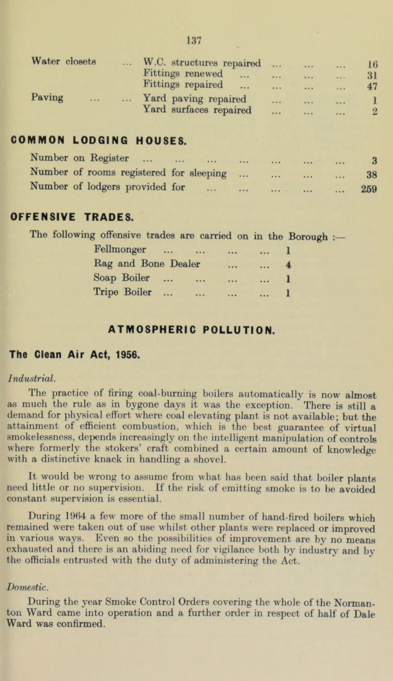 Water closets ... W.C. structures repaired ... ... ... 16 Fittings renewed ... ... ... ... 31 Fittings repaired ... 47 Paving ... ... Yard paving repaired ... ... ... 1 Yard surfaces repaired ... ... ... 2 COMMON LODGING HOUSES. Number on Register ... ... ... ... ... ... . 3 Number of rooms registered for sleeping ... ... ... ... 33 Number of lodgers provided for ... ... ... ... ... 269 OFFENSIVE TRADES. The following offensive trades are carried on in the Borough :— Fellmonger 1 Rag and Bone Dealer 4 Soap Boiler 1 Tripe Boiler 1 ATMOSPHERIC POLLUTION. The Clean Air Act, 1956. IndiLstrial. The practice of firing coal-burning boilers automatically is now almost as much the rule as in bygone days it was the exception. There is still a demand for physical effort where coal elevating plant is not available; but the attainment of efficient combustion, Avhich is the best guarantee of virtual smokelessness, depends increasingly on the intelligent manipulation of controls where formerly the stokers’ craft combined a certain amount of knowledge with a distinctive knack in handling a shovel. It would be wrong to assume from what has been said that boiler plants need little or no supervision. If the risk of emitting smoke is to be avoided constant supervision is essential. During 1964 a few more of the small number of hand-fired boilers which remained were taken out of use whilst other plants were replaced or improved in various ways. Even so the possibilities of improvement are by no means exhausted and there is an abiding need for vigilance both by industry and by the officials entrusted with the duty of administering the Act. Domestic. During the year Smoke Control Orders eovering the whole of the Norman- ton Ward came into operation and a further order in respect of half of Dale Ward was confirmed.