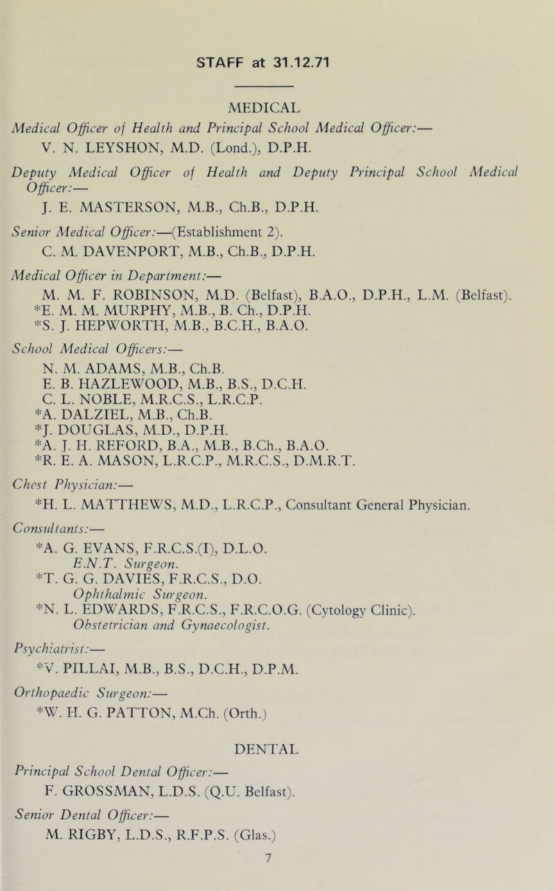 STAFF at 31.12.71 MEDICAL Medical Officer of Health and Principal School Medical Officer:— V. N. LEYSHON, M.D. (Lond.), D.P.H. Deputy Medical Officer of Health and Deputy Principal School Aiedical Officer:— J. E. MASTERSON, M.B., Ch.B., D.P.H. Senior Aiedical Officer:—(Establishment 2). C. M. DAVENPORT, M.B., Ch.B., D.P.H. Medical Officer in Department:— M. M. F. ROBINSON, M.D. (Belfast), B.A.O., D.P.H., L.M. (Belfast). *E. M. M. MURPHY, M.B., B. Ch., D.P.H. *S. J. HEPWORTH, M.B., B.C.H., B.A.O. School Medical Officers:— N. M. ADAMS, M.B., Ch.B. E. B. HAZLEWOOD, M.B., B.S., D.C.H. C. L. NOBLE, M.R.C.S., L.R.C.P. ■-•••A. DALZIEL, M.B., Ch.B. *J. DOUGLAS, M.D., D.P.H. *A. J. H. REFORD, B.A., M.B., B.Ch., B.A.O. *R. E. A. MASON, L.R.C.P., M.R.C.S., D.M.R.T. Chest Physician:— *H. L. MATTHEWS, M.D., L.R.C.P., Consultant General Physician. Consultants:— *A. G. EVANS, F.R.C.S.(I), D.L.O. E.N.T. Surgeon. *T. G. G. DAVIES, F.R.C.S., D.O. Ophthalmic Surgeon. *N. L. EDWARDS, F.R.C.S., F.R.C.O.G. (Cytology Clinic). Obstetrician and Gynaecologist. Psychiatrist:— *V. PILLAI, M.B., B.S., D.C.H., D.P.M. Orthopaedic Surgeon:— *W. H. G. PATTON, M.Ch. (Orth.) DENTAL Principal School Dental Officer:— F. GROSSMAN, L.D.S. (Q.U. Belfast). Senior Dental Officer:— M. RIGBY, L.D.S., R.F.P.S. (Glas.)