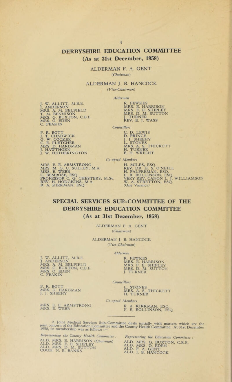 DERBYSHIRE EDUCATION COMMITTEE (As at 31st December, 1958) ALDERMAN F. A. GENT (iChairman) ALDERMAN J. B. HANCOCK (Vice-Chairman) J. W. AL.LITT, M.B.E. J. ANDERSON MRS. A. M. BELFIELD T. M. BENNISON MRS. G. BUXTON, C.B.E. MRS. O. EDEN C. FEAKIN F. R. BOTT J. T. CHADWICK G. W. COCKER C. E. FLETCHER MRS. D. HARDMAN J. HAWTHORN J. W. HETHERINGTON Aldermen R. FEWKES MRS. E. HARRISON MRS. F. E. SHIPLEY MRS. D. M. SUTTON J. TURNER REV. E. J. WASS Councillors C. D. LEWIS D. PRINCE J. J. SHEEHY L. STONES MRS. A. S. THICKET'I H. TURNER E. H. WRIGHT Co-opted Members MRS. E. E. ARMSTRONG MRS. M. G. C. SULLEY, M.A. MRS. E. WEBB C. BEMROSE, ESQ. PROFESSOR C. G. CHESTERS, M.Sc. REV. H. HODGKINS, M.A. R. A. KIRKMAN, ESQ. H. MILES, ESQ REV. DR. H. S. O’NEILL H. PALFREMAN, ESQ. F. R. ROLLINSON, ESQ. VERY REV. CANON L. J. WILLIAMSON W. A. STRETTON, ESQ. (One Vacancy) SPECIAL SERVICES SUB-COMMITTEE OF THE DERBYSHIRE EDUCATION COMMITTEE (As at 31st December, 1958) ALDERMAN F. A. GENT (Chairman) ALDERMAN J. B. HANCOCK (Vice-Chairman) J. W. ALLITT, M.B.E. I. ANDERSON MRS. A. M. BELFIELD MRS. G. BUXTON, C.B.E. MRS. O. EDEN C. FEAKIN F. R. BOTT MRS. D. HARDMAN J. J. SHEEHY Co MRS. E. E. ARMSTRONG MRS. E. WEBB A Idermen R. FEWKES MRS. E. HARRISON MRS. F. E. SHIPLEY MRS. D. M. SUTTON J. TURNER Councillors L. STONES MRS. A. S. THICKET! H. TURNER ■opted Members R. A. KIRKMAN, ESQ. F. R. ROLLINSON, ESQ ininr fi,1 e c'5al SFrvices Sub-Committee deals initially with matters which are the Educatlon Committee and the County Health Committee. At 31st Decembe- 1938, its membership was as follows :— Representing the County Health Committee : ALD. MRS. E. HARRISON (Chairman) ALD. MRS. F. E. SHIPLEY ALD. MRS. D. M. SUTTON COUN. N. B. BANKS Representing the Education Committee ALD. MRS. G. BUXTON, C.B.E ALD. MRS. O. EDEN ALD. F. A. GENT ALD. J. B. HANCOCK
