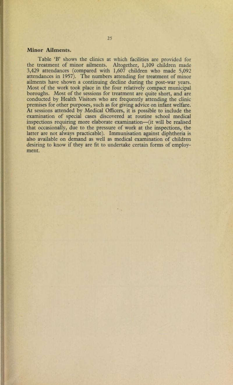 Minor Ailments. Table ‘B’ shows the clinics at which facilities are provided for the treatment of minor ailments. Altogether, 1,109 children made 3,429 attendances (compared with 1,607 children who made 5,092 attendances in 1957). The numbers attending for treatment of minor ailments have shown a continuing decline during the post-war years. Most of the work took place in the four relatively compact municipal boroughs. Most of the sessions for treatment are quite short, and are conducted by Health Visitors who are frequently attending the clinic premises for other purposes, such as for giving advice on infant welfare. At sessions attended by Medical Officers, it is possible to include the examination of special cases discovered at routine school medical inspections requiring more elaborate examination—(it will be realised that occasionally, due to the pressure of work at the inspections, the latter are not always practicable). Immunisation against diphtheria is also available on demand as well as medical examination of children desiring to know if they are fit to undertake certain forms of employ-
