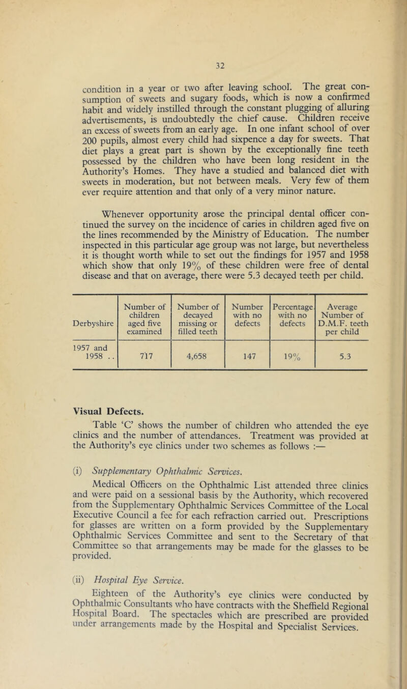 condition in a year or two after leaving school. The great con- sumption of sweets and sugary foods, which is now a confirmed habit and widely instilled through the constant plugging of alluring advertisements, is undoubtedly the chief cause. Children receive an excess of sweets from an early age. In one infant school of over 200 pupils, almost every child had sixpence a day for sweets. That diet plays a great part is shown by the exceptionally fine teeth possessed by the children who have been long resident in the Authority’s Homes. They have a studied and balanced diet with sweets in moderation, but not between meals. Very few of them ever require attention and that only of a very minor nature. Whenever opportunity arose the principal dental officer con- tinued the survey on the incidence of caries in children aged five on the lines recommended by the Ministry of Education. The number inspected in this particular age group was not large, but nevertheless it is thought worth while to set out the findings for 1957 and 1958 which show that only 19% of these children were free of dental disease and that on average, there were 5.3 decayed teeth per child. Derbyshire Number of children aged five examined Number of decayed missing or filled teeth Number with no defects Percentage with no defects Average Number of D.M.F. teeth per child 1957 and 1958 .. 717 4,658 147 19% 5.3 Visual Defects. Table ‘C’ shows the number of children who attended the eye clinics and the number of attendances. Treatment was provided at the Authority’s eye clinics under two schemes as follows :— (i) Supplementary Ophthalmic Services. Medical Officers on the Ophthalmic List attended three clinics and were paid on a sessional basis by the Authority, which recovered from the Supplementary Ophthalmic Services Committee of the Local Executive Council a fee for each refraction carried out. Prescriptions for glasses are written on a form provided by the Supplementary Ophthalmic Services Committee and sent to the Secretary of that Committee so that arrangements may be made for the glasses to be provided. (ii) Hospital Eye Service. Eighteen of the Authority’s eye clinics were conducted by Ophthalmic Consultants who have contracts with the Sheffield Regional Hospital Board. The spectacles which are prescribed are provided under arrangements made by the Hospital and Specialist Services.