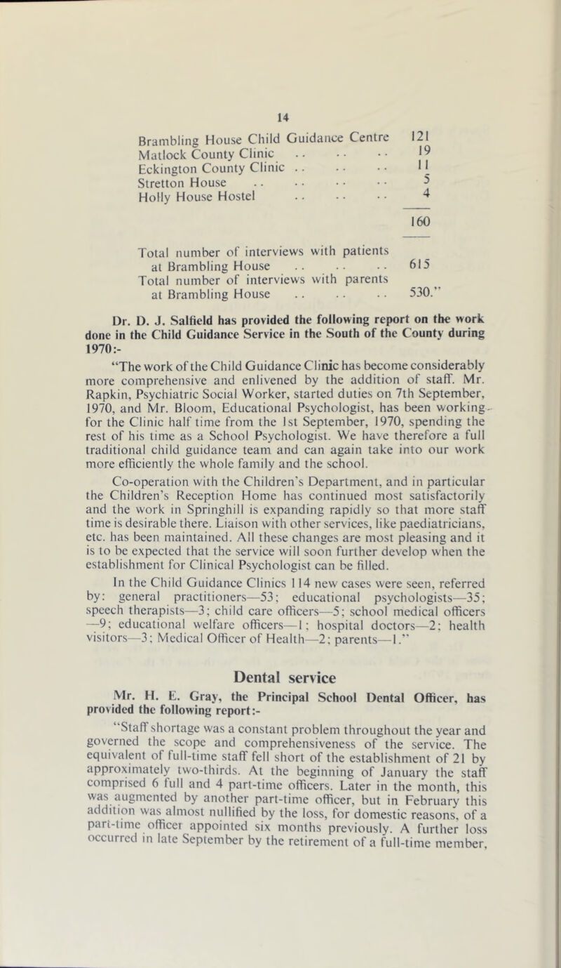 Brambling House Child Guidance Centre 121 Matlock County Clinic .. •• •• 19 Eckington County Clinic .. - • • ■ II Stretton House .. • • • • • • ^ Holly House Hostel .. • • • - ^ 160 Total number of interviews with patients at Brambling House .. .. •• 615 Total number of interviews with parents at Brambling House .. .. . • 530.” Dr. D. J. Saltield has provided the following report on the work done in the Child Guidance Service in the South of the County during 1970:- “The work of the Child Guidance Clinic has become considerably more comprehensive and enlivened by the addition of staff. Mr. Rapkin, Psychiatric Social Worker, started duties on 7th September, 1970, and Mr. Bloom, Educational Psychologist, has been working- for the Clinic half time from the 1st September, 1970, spending the rest of his time as a School Psychologist. We have therefore a full traditional child guidance team and can again take into our work more efficiently the whole family and the school. Co-operation with the Children's Department, and in particular the Children’s Reception Home has continued most satisfactorily and the work in Springhill is expanding rapidly so that more staff time is desirable there. Liaison with other services, like paediatricians, etc. has been maintained. All these changes are most pleasing and it is to be expected that the service will soon further develop when the establishment for Clinical Psychologist can be filled. In the Child Guidance Clinics 114 new cases were seen, referred by: general practitioners—53; educational psychologists—35; speech therapists—3; child care officers—5; school medical officers —9; educational welfare officers—1; hospital doctors—2; health visitors—3; Medical Officer of Health—2; parents—1.” Dental service Mr. H. E. Gray, the Principal School Dental Officer, has provided the following report :- “Staff shortage was a constant problem throughout the year and governed the scope and comprehensiveness of the service. The equivalent of full-time staff fell short of the establishment of 21 by approximately two-thirds. At the beginning of January the staff comprised 6 full and 4 part-time officers. Later in the month, this was augmented by another part-time officer, but in February this addition was almost nullified by the loss, for domestic reasons, of a part-time officer appointed six months previously. A fui-ther loss occurred m late September by the retirement of a full-time member.
