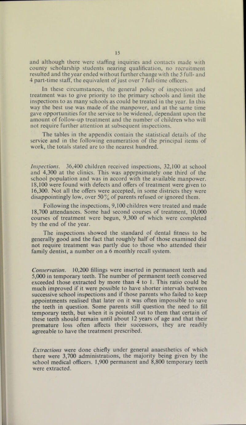 and although there were staffing inquiries and contacts made with county scholarship students nearing qualification, no recruitment resulted and the year ended without further change with the 5 full- and 4 part-time staff, the equivalent of just over 7 full-time officers. In these circumstances, the general policy of inspection and treatment was to give priority to the primary schools and limit the inspections to as many schools as could be treated in the year. In this way the best use was made of the manpower, and at the same time gave opportunities for the service to be widened, dependant upon the amount of follow-up treatment and the number of children who will not require further attention at subsequent inspections. The tables in the appendix contain the statistical details of the service and in the following enumeration of the principal items of work, the totals stated are to the nearest hundred. Inspections. 36,400 children received inspections, 32,100 at school and 4,300 at the clinics. This was apprpximately one third of the school population and was in accord with the available manpower. 18,100 were found with defects and offers of treatment were given to 16,300. Not all the offers were accepted, in some districts they were disappointingly low, over 50% of parents refused or ignored them. Following the inspections, 9,100 children were treated and made 18,700 attendances. Some had second courses of treatment, 10,000 courses of treatment were begun, 9,300 of which were completed by the end of the year. The inspections showed the standard of dental fitness to be generally good and the fact that roughly half of those examined did not require treatment was partly due to those who attended their family dentist, a number on a 6 monthly recall system. Conservation. 10,200 fillings were inserted in permanent teeth and 5,000 in temporary teeth. The number of permanent teeth conserved exceeded those extracted by more than 4 to 1. This ratio could be much improved if it were possible to have shorter intervals between successive school inspections and if those parents who failed to keep appointments realised that later on it was often impossible to save the teeth in question. Some parents still question the need to fill temporary teeth, but when it is pointed out to them that certain of these teeth should remain until about 12 years of age and that their premature loss often affects their successors, they are readily agreeable to have the treatment prescribed. Extractions were done chiefly under general anaesthetics of which there were 3,700 administrations, the majority being given by the school medical officers. 1,900 permanent and 8,800 temporary teeth were extracted.