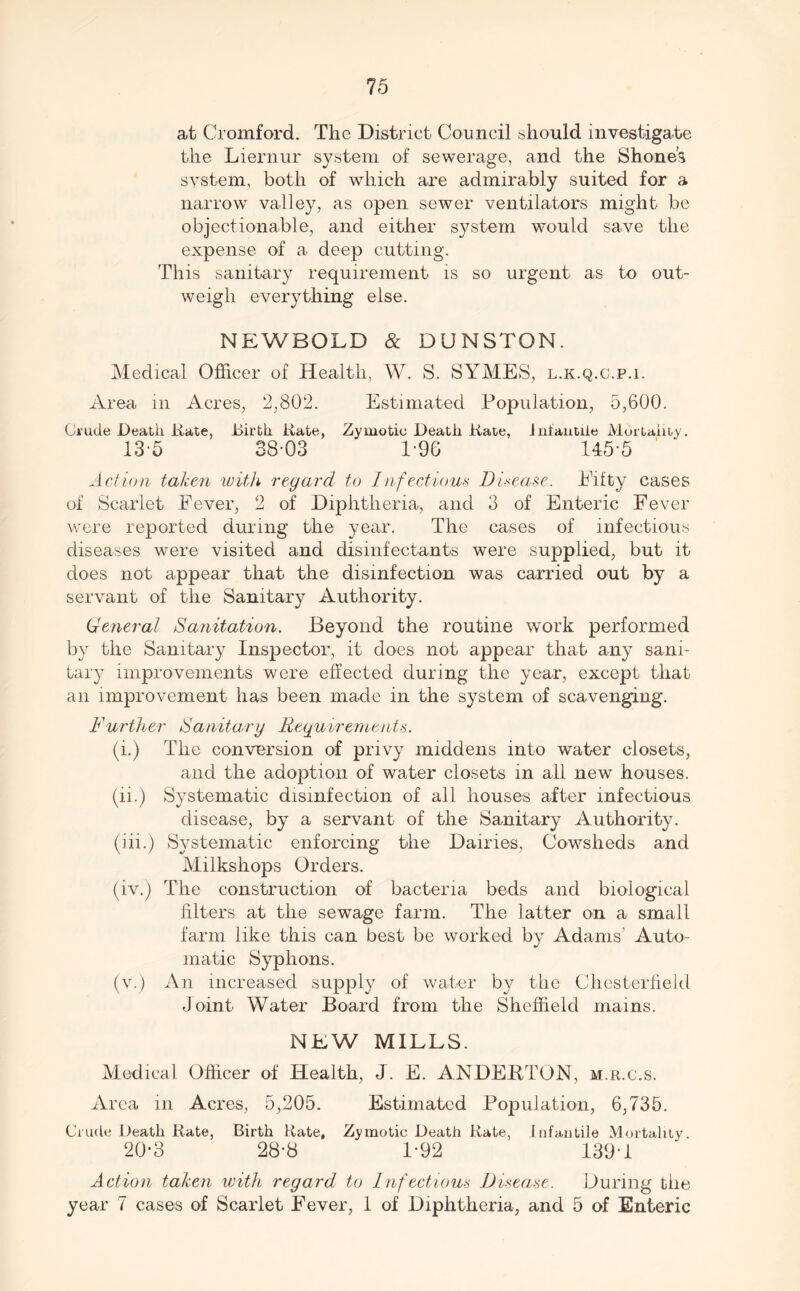at Cromford. The District Council should investigate the Liernur system of sewerage, and the Shone* system, both of which are admirably suited for a narrow valley, as open sewer ventilators might be objectionable, and either system would save the expense of a deep cutting. This sanitary requirement is so urgent as to out- weigh everything else. NEWBOLD & DUNSTON. Medical Officer of Health, W. S. SYMES, l.k.q.c.p.i. Area in Acres, 2,802. Estimated Population, 5,600. Crude Death Kate, Birth Kate, Zymotic Death Kate, infantile Mortality. 13-5 38-03 1-96 145-5 Action taken with regard to Infectious Disease. Eifty cases of Scarlet Fever, 2 of Diphtheria, and 3 of Enteric Fever were reported during the year. The cases of infectious diseases were visited and disinfectants were supplied, but it does not appear that the disinfection was carried out by a servant of the Sanitary Authority. General Sanitation. Beyond the routine work performed by the Sanitary Inspector, it does not appear that any sani- tary improvements were effected during the year, except that an improvement has been made in the system of scavenging. Further Sanitary Requirements. (i.) The conversion of privy middens into water closets, and the adoption of water closets in all new houses, (ii.) Systematic disinfection of all houses after infectious disease, by a servant of the Sanitary Authority, (iii.) Systematic enforcing the Dairies, Cowsheds and Milkshops Orders. (iv.) The construction of bacteria beds and biological filters at the sewage farm. The latter on a small, farm like this can best be worked by Adams' Auto- matic Syphons. (v.) An increased supply of water by the Chesterfield Joint Water Board from the Sheffield mains. NEW MILLS. Medical Officer of Health, J. E. ANDEBTON, m.r.c.s. Area m Acres, 5,205. Estimated Population, 6,735. Crude Death Kate, Birth Kate, Zymotic Death Kate, Infantile Mortality. 20-3 28-8 1-92 I39Y Action taken with regard to Infectious Disease. During the year 7 cases of Scarlet Fever, 1 of Diphtheria, and 5 of Enteric