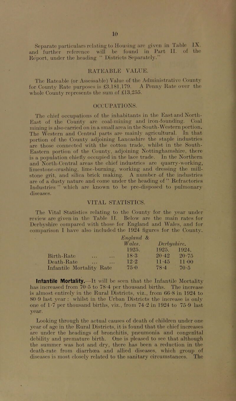 Separate particulars relating to Housing arc given in Table IX. and further reference will be found in Part II. of the Report, under the heading “ Districts Separately.” RATEABLE VALUE. The Rateable (or Assessable) Value of the Administrative County for County Rate purposes is £3,181,179. A Penny Rate over the whole County represents the sum of £13,255. OCCUPATIONS. The chief occupations of the inhabitants in the East and North- East of the County are coal-mining and iron-founding. Coal mining is also carried on in a small area in the South-Western portion. The Western and Central parts are mainly agricultural. In that portion of the County adjoining Lancashire the staple industries are those connected with the cotton trade, whilst in the South- Eastern portion of the County, adjoining Nottinghamshire, there is a population chiefly occupied in the lace trade. In the Northern and North-Central areas the chief industries are quarry-working, limestone-crushing, lime-burning, working and dressing the mill- stone grit, and silica brick making. A number of the industries are of a dusty nature and come under the heading of “ Refractories Industries ” which are known to be pre-disposed to pulmonary diseases. VITAL STATISTICS. The Vital Statistics relating to the County for the year under review are given in the Table II. Below are the main rates for Derbyshire compared with those for England and Wales, and for comparison I have also included the 1924 figures for the County. England & W ales. Derbyshire. 1925. 1925. 1924. Birth-Rate 18-3 20-42 20-75 Death-Rate 12-2 11-45 11-00 Infantile Mortality Rate 75-0 78-4 70-5 Infantile Mortality .—It will be seen that the Infantile Mortality lias increased from 70-5 to 78-4 per thousand births. The increase is almost entirely in the Rural Districts, viz., from 06-8 in 1924 to 80-9 last year : whilst in the Urban Districts the increase is only one of 1-7 per thousand births, viz., from 74-2 in 1924 to 75-9 last year. Looking through the actual causes of death of children under one year of age in the Rural Districts, it is found that the chief increases are under the headings of bronchitis, pneumonia and congenital debility and premature birth. One is pleased to see that although the summer was hot and dry, there has been a reduction in the death-rate from diarrhoea and allied diseases, which group of diseases is most closely related to the sanitary circumstances. The