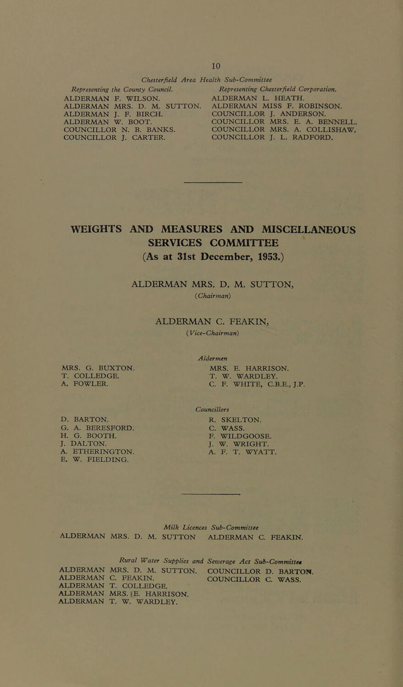 Chesterfield Area Health Sub-Committee Representing the County Council. ALDERMAN F. WILSON. ALDERMAN MRS. D. M. SUTTON. ALDERMAN J. F. BIRCH. ALDERMAN W. BOOT. COUNCILLOR N. B. BANKS. COUNCILLOR J. CARTER. Representing Chesterfield Corporation. ALDERMAN L. HEATH. ALDERMAN MISS F. ROBINSON. COUNCILLOR J. ANDERSON. COUNCILLOR MRS. E. A. BENNELL. COUNCILLOR MRS. A. COLLISHAW. COUNCILLOR J. L. RADFORD. WEIGHTS AND MEASURES AND MISCELLANEOUS SERVICES COMMITTEE (As at 31st December, 1953.) ALDERMAN MRS. D. M. SUTTON, {Chairman) ALDERMAN C. FEAKIN, ( Vice-Chairman) MRS. G. BUXTON. T. COLLED GE. A. FOWLER. Aldermen MRS. E. HARRISON. T. W. WARDLEY. C. F. WHITE, C.B.E., J.P. D. BARTON. G. A. BERESFORD. H. G. BOOTH. J. DALTON. A. ETHERINGTON. E. W. FIELDING. Councillors R. SKELTON. C. WASS. F. WILDGOOSE. J. W. WRIGHT. A. F. T. WYATT. Milk Licences Sub-Committee ALDERMAN MRS. D. M. SUTTON ALDERMAN C. FEAKIN. Rural Water Supplies and Sewerage Act Sub-Committee ALDERMAN MRS. D. M. SUTTON. COUNCILLOR D. BARTON. ALDERMAN C. FEAKIN. COUNCILLOR C. WASS. ALDERMAN T. COLLEDGE. ALDERMAN MRS. (E. HARRISON. ALDERMAN T. W. WARDLEY.