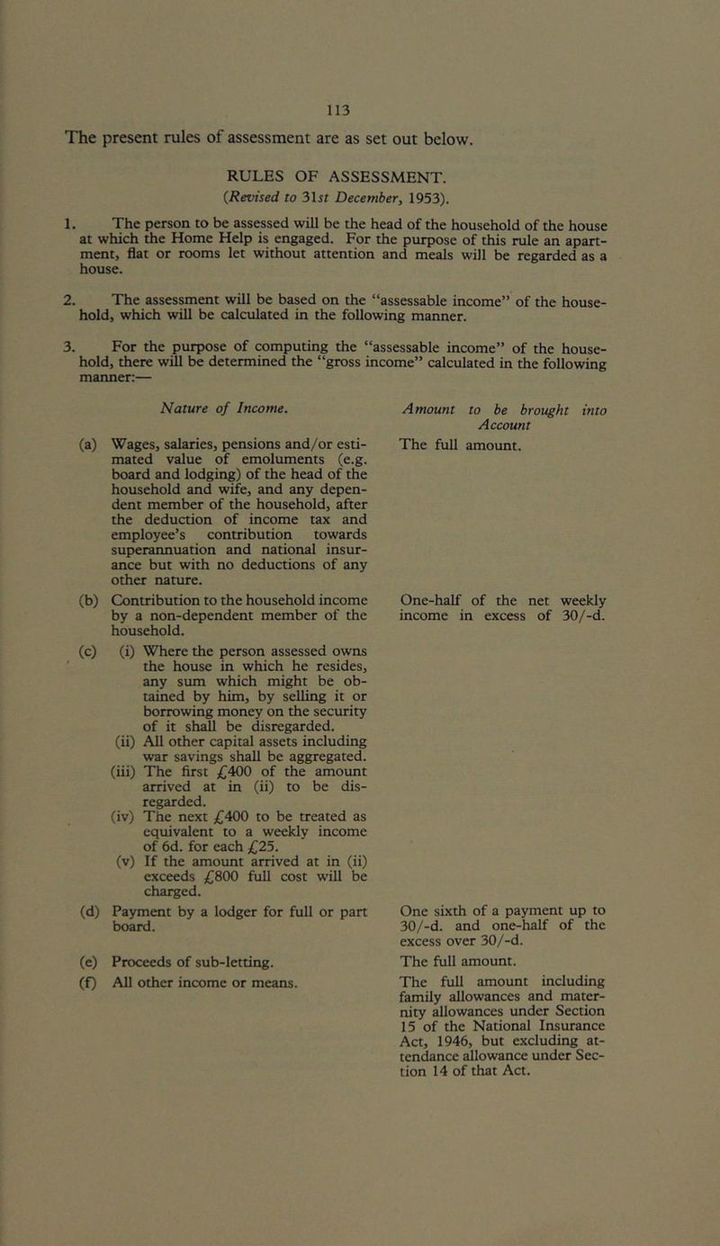 The present rules of assessment are as set out below. RULES OF ASSESSMENT. (Revised to 31jr December, 1953). 1. The person to be assessed will be the head of the household of the house at which the Home Help is engaged. For the purpose of this rule an apan- ment, flat or rooms let without attention and meals will be regarded as a house. 2. The assessment will be based on the “assessable income” of the house- hold, which will be calculated in the following manner 3. For the purpose of computing the “assessable income” of the house- hold, there wUl be determined the “gross income” calculated in the following manner:— Nature of Income. (a) Wages, salaries, pensions and/or esti- mated value of emoluments (e.g. board and lodging) of the head of the household and wife, and any depen- dent member of the household, after the deduction of income tax and employee’s contribution towards superannuation and national insur- ance but with no deductions of any other nature. (b) Contribution to the household income by a non-dependent member of the household. (c) (i) Where the person assessed owns the house in which he resides, any sum which might be ob- tained by him, by selling it or borrowing money on the security of it shall be disregarded. (ii) All other capital assets including war savings shall be aggregated. (iii) The first £400 of the amount arrived at in (ii) to be dis- regarded. (iv) The next £400 to be treated as equivalent to a weekly income of 6d. for each £25. (v) If the amoimt arrived at in (ii) exceeds £800 fuU cost will be charged. (d) Payment by a lodger for full or part board. (e) Proceeds of sub-letting. (f) All other income or means. Amount to be brought into Account The full amount. One-half of the net weekly income in excess of 30/-d. One sixth of a payment up to 30/-d. and one-half of the excess over 30/-d. The full amount. The full amount including family allowances and mater- nity allowances under Section 15 of the National Insurance Act, 1946, but excluding at- tendance allowance under Sec- tion 14 of that Act.