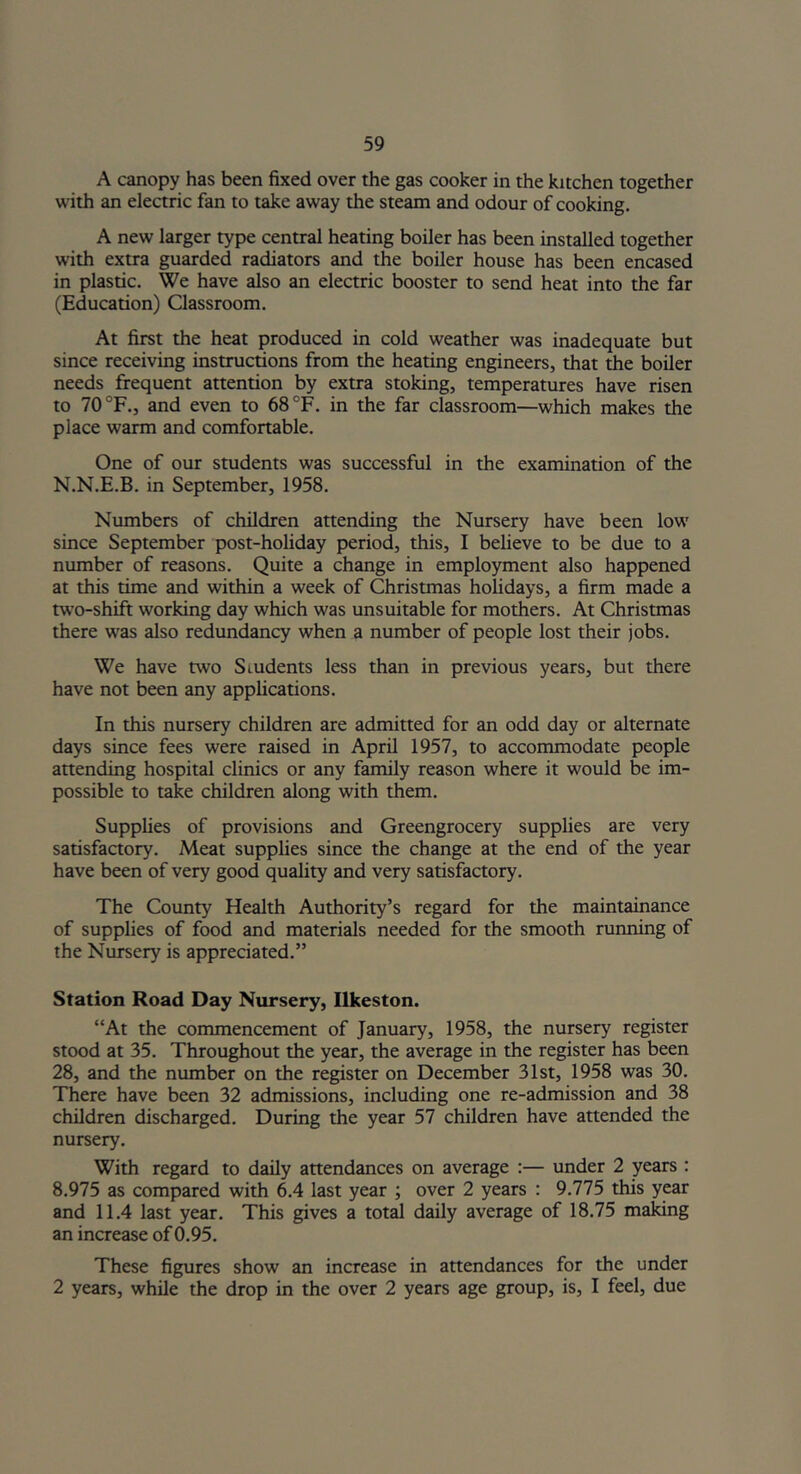 A canopy has been fixed over the gas cooker in the kitchen together with an electric fan to take away the steam and odour of cooking. A new larger type central heating boiler has been installed together with extra guarded radiators and the boiler house has been encased in plastic. We have also an electric booster to send heat into the far (Education) Classroom. At first the heat produced in cold weather was inadequate but since receiving instructions from the heating engineers, that the boiler needs frequent attention by extra stoking, temperatures have risen to 70 °F., and even to 68 °F. in the far classroom—which makes the place warm and comfortable. One of our students was successful in the examination of the N.N.E.B. in September, 1958. Numbers of children attending the Nursery have been low since September post-holiday period, this, I believe to be due to a number of reasons. Quite a change in employment also happened at this time and within a week of Christmas holidays, a firm made a two-shift working day which was unsuitable for mothers. At Christmas there was also redundancy when a number of people lost their jobs. We have two Students less than in previous years, but there have not been any applications. In this nursery children are admitted for an odd day or alternate days since fees were raised in April 1957, to accommodate people attending hospital clinics or any family reason where it would be im- possible to take children along with them. Supplies of provisions and Greengrocery supplies are very satisfactory. Meat supplies since the change at the end of the year have been of very good quality and very satisfactory. The County Health Authority’s regard for the maintainance of supplies of food and materials needed for the smooth running of the Nursery is appreciated.” Station Road Day Nursery, Ilkeston. “At the commencement of January, 1958, the nursery register stood at 35. Throughout the year, the average in the register has been 28, and the number on the register on December 31st, 1958 was 30. There have been 32 admissions, including one re-admission and 38 children discharged. During the year 57 children have attended the nursery. With regard to daily attendances on average :— under 2 years : 8.975 as compared with 6.4 last year ; over 2 years : 9.775 this year and 11.4 last year. This gives a total daily average of 18.75 making an increase of 0.95. These figures show an increase in attendances for the under 2 years, while the drop in the over 2 years age group, is, I feel, due