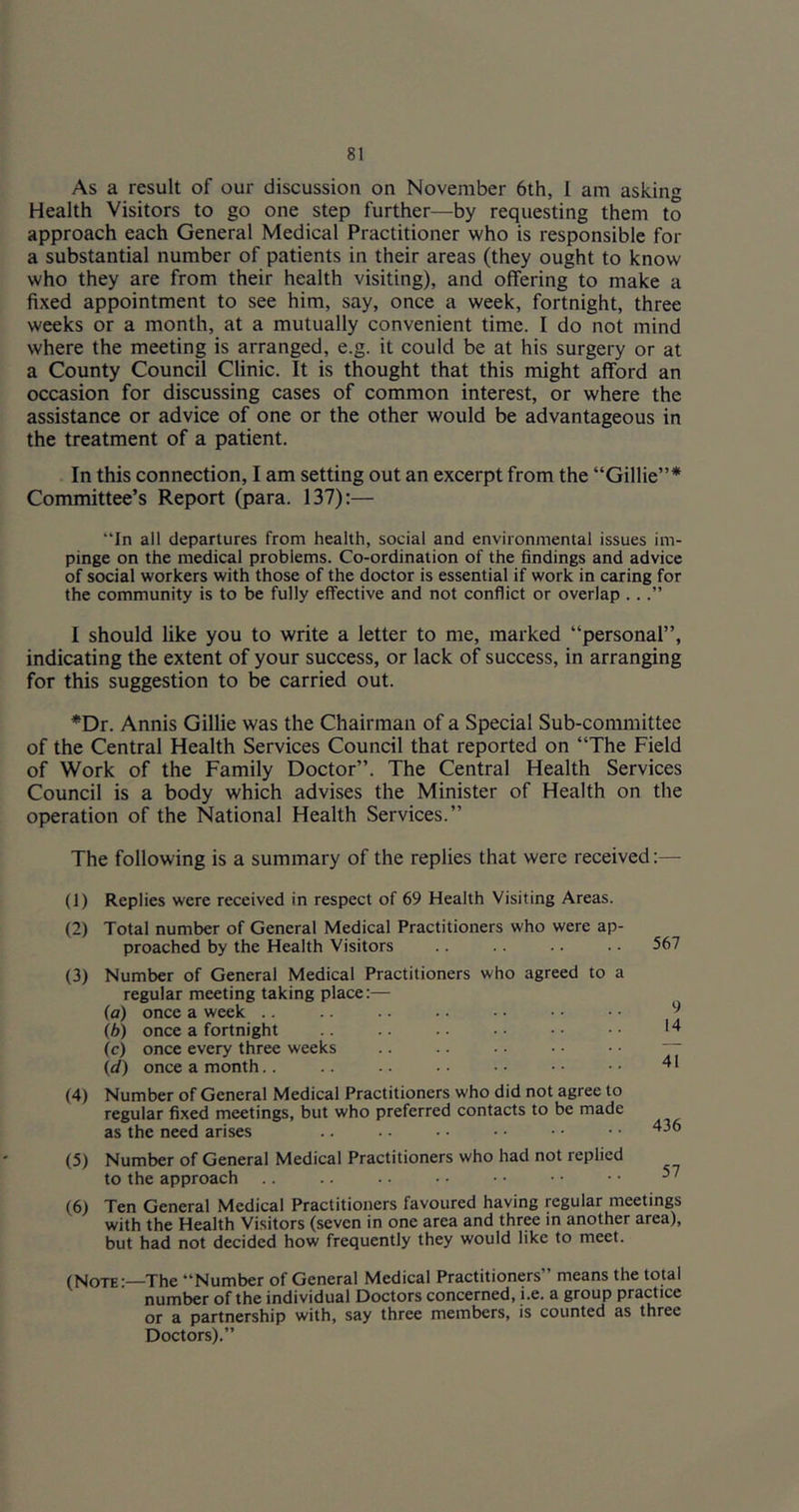 As a result of our discussion on November 6th, I am asking Health Visitors to go one step further—by requesting them to approach each General Medical Practitioner who is responsible for a substantial number of patients in their areas (they ought to know who they are from their health visiting), and offering to make a fixed appointment to see him, say, once a week, fortnight, three weeks or a month, at a mutually convenient time. I do not mind where the meeting is arranged, e.g. it could be at his surgery or at a County Council Clinic. It is thought that this might afford an occasion for discussing cases of common interest, or where the assistance or advice of one or the other would be advantageous in the treatment of a patient. In this connection, I am setting out an excerpt from the “Gillie”* Committee’s Report (para. 137):— “In all departures from health, social and environmental issues im- pinge on the medical problems. Co-ordination of the findings and advice of social workers with those of the doctor is essential if work in caring for the community is to be fully effective and not conflict or overlap ...” I should like you to write a letter to me, marked “personal”, indicating the extent of your success, or lack of success, in arranging for this suggestion to be carried out. *Dr. Annis Gillie was the Chairman of a Special Sub-committee of the Central Health Services Council that reported on “The Field of Work of the Family Doctor”. The Central Health Services Council is a body which advises the Minister of Health on the operation of the National Health Services.” The following is a summary of the replies that were received:— (1) Replies were received in respect of 69 Health Visiting Areas. (2) Total number of General Medical Practitioners who were ap- proached by the Health Visitors .. 567 (3) Number of General Medical Practitioners who agreed to a regular meeting taking place:— (a) once a week .. .. - • • • • • ^ (b) once a fortnight • • • • N (c) once every three weeks .. .. ■ • • • • • (d) once a month.. .. .. ■. • • ■ • • • ^ * (4) Number of General Medical Practitioners who did not agree to regular fixed meetings, but who preferred contacts to be made as the need arises .. . - • • • • • • (5) Number of General Medical Practitioners who had not replied to the approach .. .. .. • • ^' (6) Ten General Medical Practitioners favoured having regular meetings with the Health Visitors (seven in one area and three in another area), but had not decided how frequently they would like to meet. (Note-—The “Number of General Medical Practitioners” means the total number of the individual Doctors concerned, i.e. a group practice or a partnership with, say three members, is counted as three Doctors).”